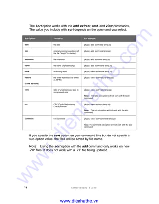 78 Compressing Files
The sort option works with the add, extract, test, and view commands.
The value you include with sort depends on the command you select.
Sub-Option: To sort by: For example:
date file date pkzipc -add -sort=date temp.zip
size original uncompressed size of
the file ("length" in display)
pkzipc -add -sort=size temp.zip
extension file extension pkzipc -add -sort=ext temp.zip
name file name (alphabetically) pkzipc -add -sort=name temp.zip
none no sorting done pkzipc -view -sort=none temp.zip
natural
(same as none)
the order that files exist within
a .ZIP file
pkzipc -view -sort=natural temp.zip
ratio ratio of uncompressed size to
compressed size
pkzipc -view -sort=ratio temp.zip
Note: The ratio sub-option will not work with the add
command.
crc CRC (Cyclic Redundancy
Check) number
pkzipc -view -sort=crc temp.zip
Note: The crc sub-option will not work with the add
command.
Comment File comment pkzipc -view -sort=comment temp.zip
Note: The comment sub-option will not work with the add
command
If you specify the sort option on your command line but do not specify a
sub-option value, the files will be sorted by file name.
Note: Using the sort option with the add command only works on new
.ZIP files. It does not work with a .ZIP file being updated.
www.dienhathe.vn
www.dienhathe.com
 