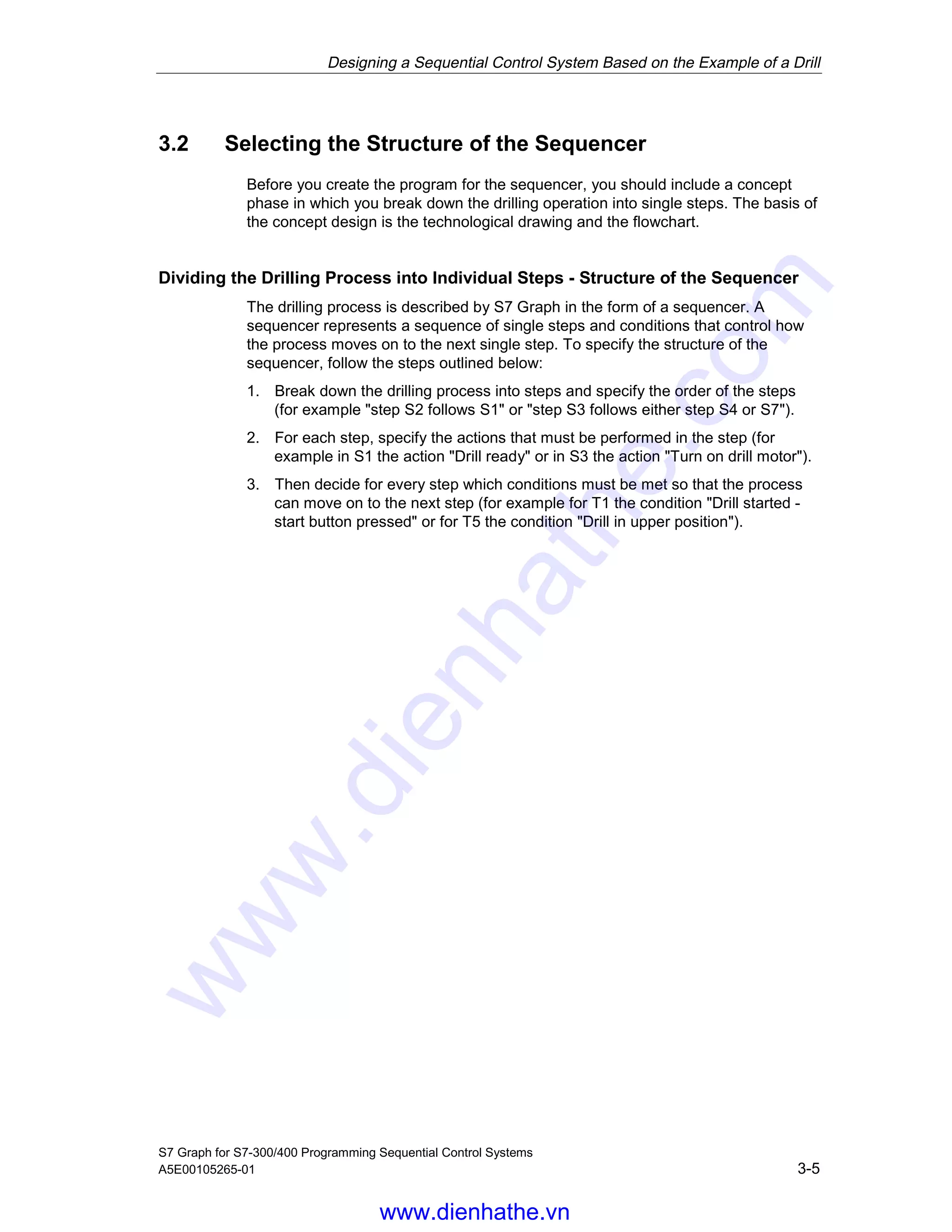 Designing a Sequential Control System Based on the Example of a Drill
S7 Graph for S7-300/400 Programming Sequential Control Systems
A5E00105265-01 3-5
3.2 Selecting the Structure of the Sequencer
Before you create the program for the sequencer, you should include a concept
phase in which you break down the drilling operation into single steps. The basis of
the concept design is the technological drawing and the flowchart.
Dividing the Drilling Process into Individual Steps - Structure of the Sequencer
The drilling process is described by S7 Graph in the form of a sequencer. A
sequencer represents a sequence of single steps and conditions that control how
the process moves on to the next single step. To specify the structure of the
sequencer, follow the steps outlined below:
1. Break down the drilling process into steps and specify the order of the steps
(for example "step S2 follows S1" or "step S3 follows either step S4 or S7").
2. For each step, specify the actions that must be performed in the step (for
example in S1 the action "Drill ready" or in S3 the action "Turn on drill motor").
3. Then decide for every step which conditions must be met so that the process
can move on to the next step (for example for T1 the condition "Drill started -
start button pressed" or for T5 the condition "Drill in upper position").
05.04.0105.04.200105.04.2001
www.dienhathe.vn
www.dienhathe.com
 