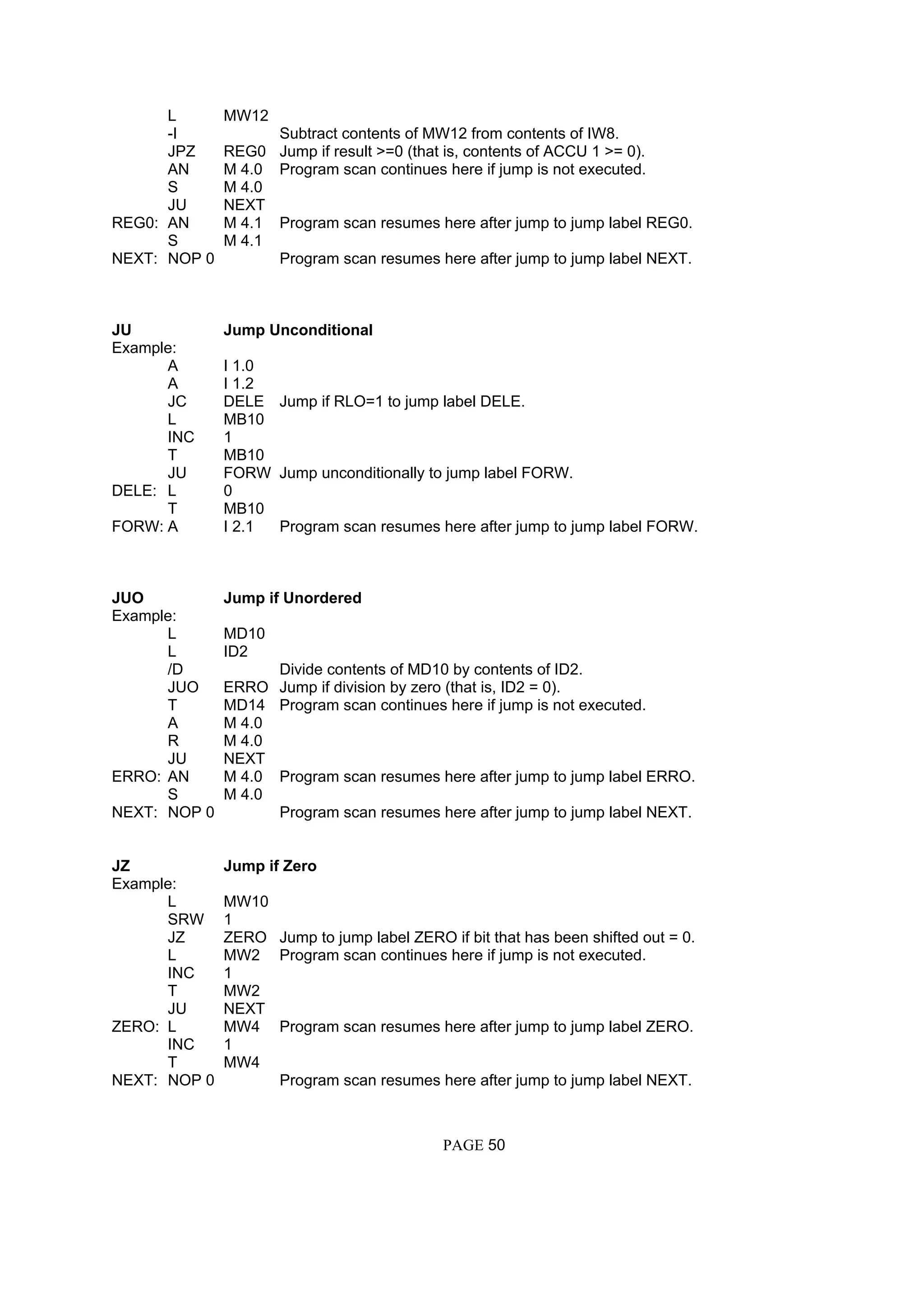 L MW12
-I Subtract contents of MW12 from contents of IW8.
JPZ REG0 Jump if result >=0 (that is, contents of ACCU 1 >= 0).
AN M 4.0 Program scan continues here if jump is not executed.
S M 4.0
JU NEXT
REG0: AN M 4.1 Program scan resumes here after jump to jump label REG0.
S M 4.1
NEXT: NOP 0 Program scan resumes here after jump to jump label NEXT.
JU Jump Unconditional
Example:
A I 1.0
A I 1.2
JC DELE Jump if RLO=1 to jump label DELE.
L MB10
INC 1
T MB10
JU FORW Jump unconditionally to jump label FORW.
DELE: L 0
T MB10
FORW: A I 2.1 Program scan resumes here after jump to jump label FORW.
JUO Jump if Unordered
Example:
L MD10
L ID2
/D Divide contents of MD10 by contents of ID2.
JUO ERRO Jump if division by zero (that is, ID2 = 0).
T MD14 Program scan continues here if jump is not executed.
A M 4.0
R M 4.0
JU NEXT
ERRO: AN M 4.0 Program scan resumes here after jump to jump label ERRO.
S M 4.0
NEXT: NOP 0 Program scan resumes here after jump to jump label NEXT.
JZ Jump if Zero
Example:
L MW10
SRW 1
JZ ZERO Jump to jump label ZERO if bit that has been shifted out = 0.
L MW2 Program scan continues here if jump is not executed.
INC 1
T MW2
JU NEXT
ZERO: L MW4 Program scan resumes here after jump to jump label ZERO.
INC 1
T MW4
NEXT: NOP 0 Program scan resumes here after jump to jump label NEXT.
PAGE 50
 