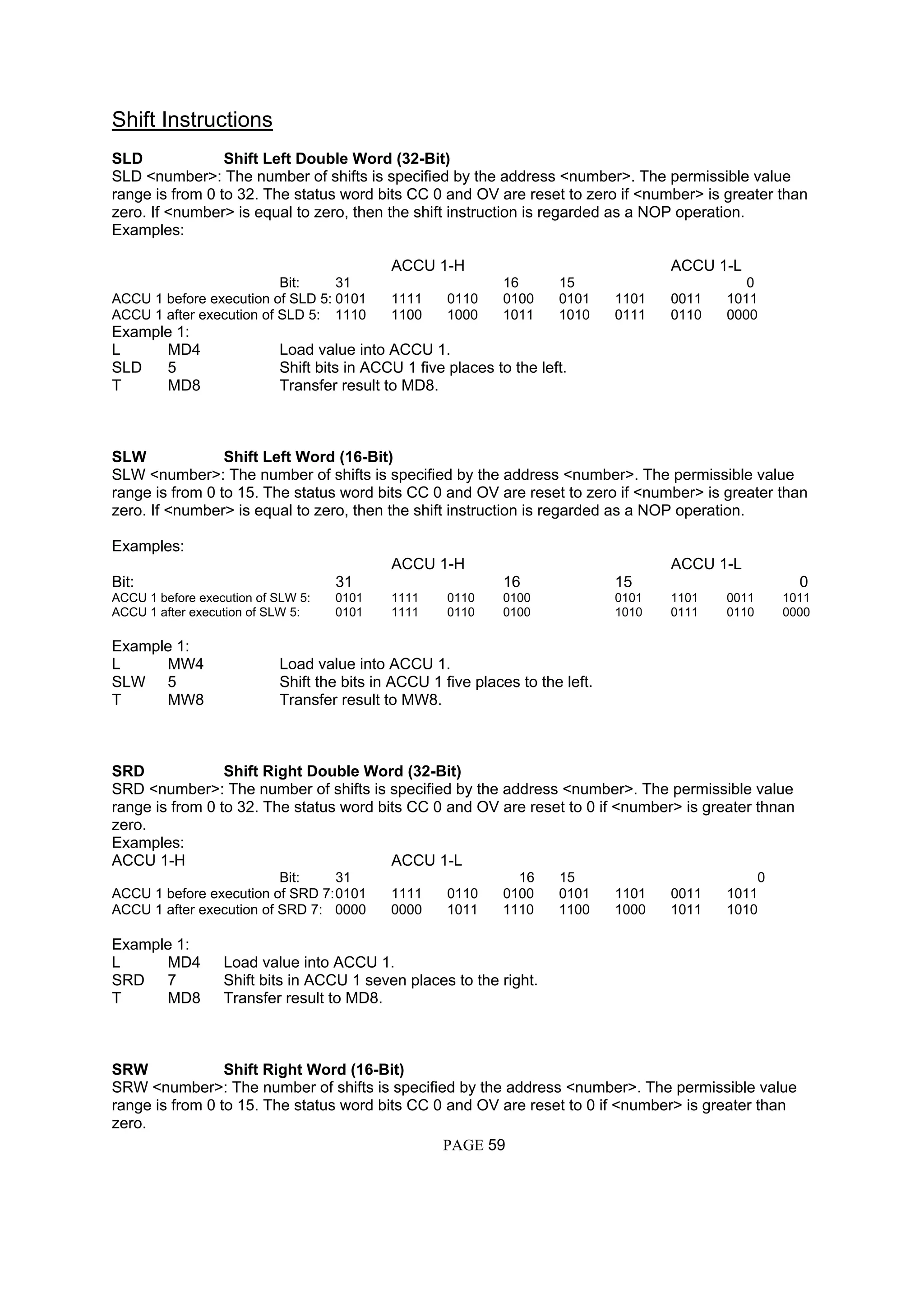 Shift Instructions
SLD Shift Left Double Word (32-Bit)
SLD <number>: The number of shifts is specified by the address <number>. The permissible value
range is from 0 to 32. The status word bits CC 0 and OV are reset to zero if <number> is greater than
zero. If <number> is equal to zero, then the shift instruction is regarded as a NOP operation.
Examples:
ACCU 1-H ACCU 1-L
Bit: 31 16 15 0
ACCU 1 before execution of SLD 5: 0101 1111 0110 0100 0101 1101 0011 1011
ACCU 1 after execution of SLD 5: 1110 1100 1000 1011 1010 0111 0110 0000
Example 1:
L MD4 Load value into ACCU 1.
SLD 5 Shift bits in ACCU 1 five places to the left.
T MD8 Transfer result to MD8.
SLW Shift Left Word (16-Bit)
SLW <number>: The number of shifts is specified by the address <number>. The permissible value
range is from 0 to 15. The status word bits CC 0 and OV are reset to zero if <number> is greater than
zero. If <number> is equal to zero, then the shift instruction is regarded as a NOP operation.
Examples:
ACCU 1-H ACCU 1-L
Bit: 31 16 15 0
ACCU 1 before execution of SLW 5: 0101 1111 0110 0100 0101 1101 0011 1011
ACCU 1 after execution of SLW 5: 0101 1111 0110 0100 1010 0111 0110 0000
Example 1:
L MW4 Load value into ACCU 1.
SLW 5 Shift the bits in ACCU 1 five places to the left.
T MW8 Transfer result to MW8.
SRD Shift Right Double Word (32-Bit)
SRD <number>: The number of shifts is specified by the address <number>. The permissible value
range is from 0 to 32. The status word bits CC 0 and OV are reset to 0 if <number> is greater thnan
zero.
Examples:
ACCU 1-H ACCU 1-L
Bit: 31 16 15 0
ACCU 1 before execution of SRD 7:0101 1111 0110 0100 0101 1101 0011 1011
ACCU 1 after execution of SRD 7: 0000 0000 1011 1110 1100 1000 1011 1010
Example 1:
L MD4 Load value into ACCU 1.
SRD 7 Shift bits in ACCU 1 seven places to the right.
T MD8 Transfer result to MD8.
SRW Shift Right Word (16-Bit)
SRW <number>: The number of shifts is specified by the address <number>. The permissible value
range is from 0 to 15. The status word bits CC 0 and OV are reset to 0 if <number> is greater than
zero.
PAGE 59
 