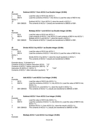 -D Subtract ACCU 1 from ACCU 2 as Double Integer (32-Bit)
Example:
L ID10 Load the value of ID10 into ACCU 1.
L MD14 Load the contents of ACCU 1 into ACCU 2.Load the value of MD14 into
ACCU 1.
-D Subtract ACCU 1 from ACCU 2; store the result in ACCU 1.
T DB1.DBD25 The contents of ACCU 1 (result) are transferred to DBD25 of DB1.
*D Multiply ACCU 1 and ACCU 2 as Double Integer (32-Bit)
Example:
L ID10 Load the value of ID10 into ACCU 1.
L MD14 Load contents of ACCU 1 into ACCU 2.Load contents of MD14 into ACCU 1.
*D Multiply ACCU 2 and ACCU 1; store the result in ACCU 1.
T DB1.DBD25 The contents of ACCU 1 (result) are transferred to DBD25 in DB1.
/D Divide ACCU 2 by ACCU 1 as Double Integer (32-Bit)
Example:
L ID10 Load the value of ID10 into ACCU 1.
L MD14 Load the contents of ACCU 1 into ACCU 2.Load the value of MD14 into
ACCU 1.
/D Divide ACCU 2 by ACCU 1; store the result (quotient) in ACCU 1.
T MD20 The contents of ACCU 1 (result) are transferred to MD20.
Example above: 13 divided by 4
Contents of ACCU 2 before instruction (ID10): "13"
Contents of ACCU 1 before instruction (MD14): "4"
Instruction /D (ACCU 2 / ACCU 1) : "13/4"
Contents of ACCU 1 after instruction (quotient): "3"
+I Add ACCU 1 and ACCU 2 as Integer (16-Bit)
Example:
L IW10 Load the value of IW10 into ACCU 1-L.
L MW14 Load the contents of ACCU 1-L into ACCU 2-L.Load the value of MW14 into
ACCU 1-L.
+I Add ACCU 2-L and ACCU 1-L; store the result in ACCU 1-L.
T DB1.DBW25 The contents of ACCU 1-L (result) are transferred to DBW25 of DB1.
-I Subtract ACCU 1 from ACCU 2 as Integer (16-Bit)
Example:
L IW10 Load the value of IW10 into ACCU 1-L.
L MW14 Load the contents of ACCU 1-L into ACCU 2-L.Load the value of MW14 into
ACCU 1-L.
-I Subtract ACCU 1-L from ACCU 2-L; store the result in ACCU 1-L.
T DB1.DBW25 The contents of ACCU 1-L (result) are transferred to DBW25 of DB1.
*I Multiply ACCU 1 and ACCU 2 as Integer (16-Bit)
Example:
PAGE 55
 