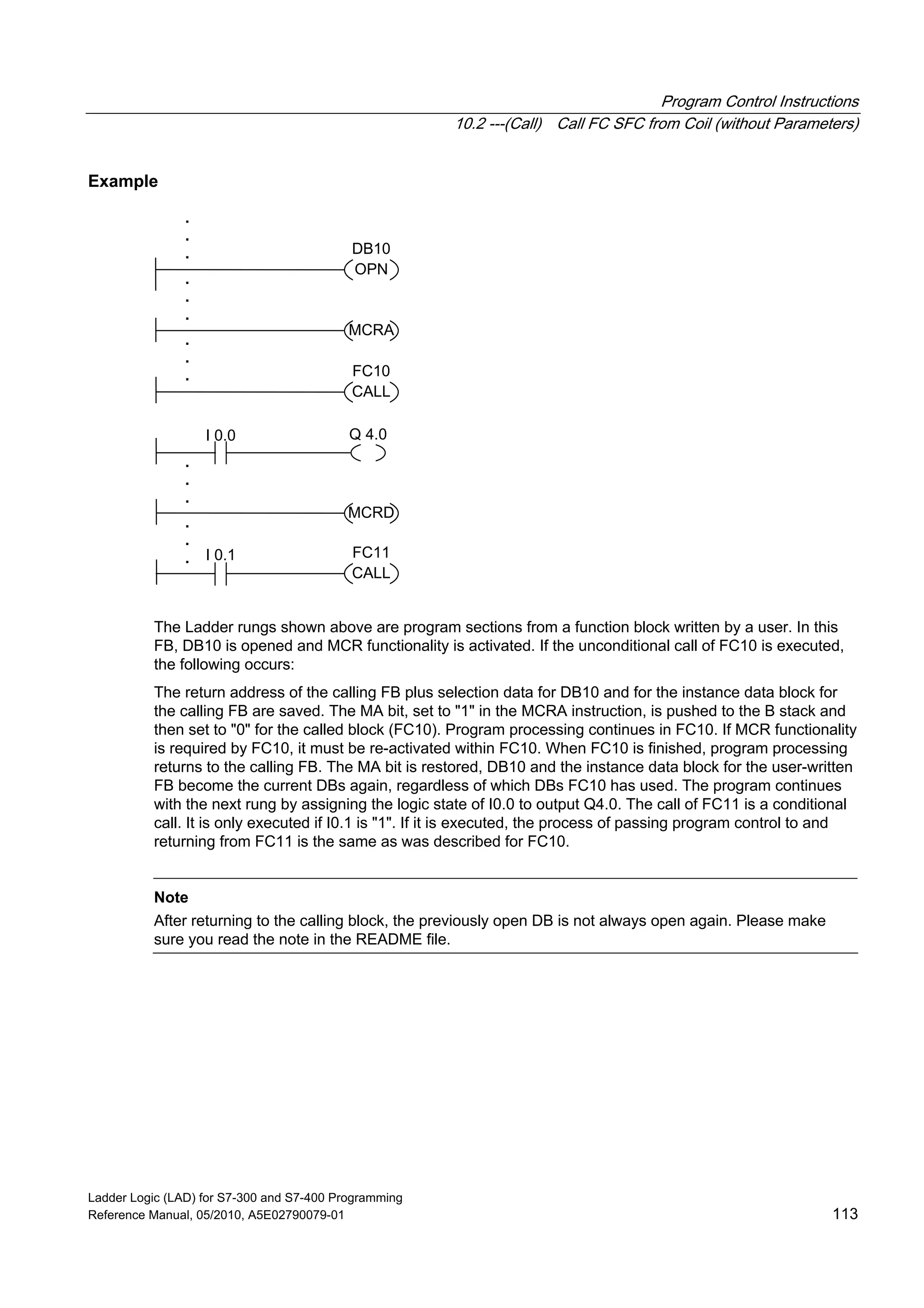 Program Control Instructions
10.2 ---(Call) Call FC SFC from Coil (without Parameters)
Ladder Logic (LAD) for S7-300 and S7-400 Programming
Reference Manual, 05/2010, A5E02790079-01 113
Example
MCRD
I 0.0
I 0.1
MCRA
CALL
Q 4.0
.
.
.
.
.
. FC10
.
.
.
.
.
.
CALL
FC11
OPN
DB10
.
.
.
The Ladder rungs shown above are program sections from a function block written by a user. In this
FB, DB10 is opened and MCR functionality is activated. If the unconditional call of FC10 is executed,
the following occurs:
The return address of the calling FB plus selection data for DB10 and for the instance data block for
the calling FB are saved. The MA bit, set to "1" in the MCRA instruction, is pushed to the B stack and
then set to "0" for the called block (FC10). Program processing continues in FC10. If MCR functionality
is required by FC10, it must be re-activated within FC10. When FC10 is finished, program processing
returns to the calling FB. The MA bit is restored, DB10 and the instance data block for the user-written
FB become the current DBs again, regardless of which DBs FC10 has used. The program continues
with the next rung by assigning the logic state of I0.0 to output Q4.0. The call of FC11 is a conditional
call. It is only executed if I0.1 is "1". If it is executed, the process of passing program control to and
returning from FC11 is the same as was described for FC10.
Note
After returning to the calling block, the previously open DB is not always open again. Please make
sure you read the note in the README file.
 