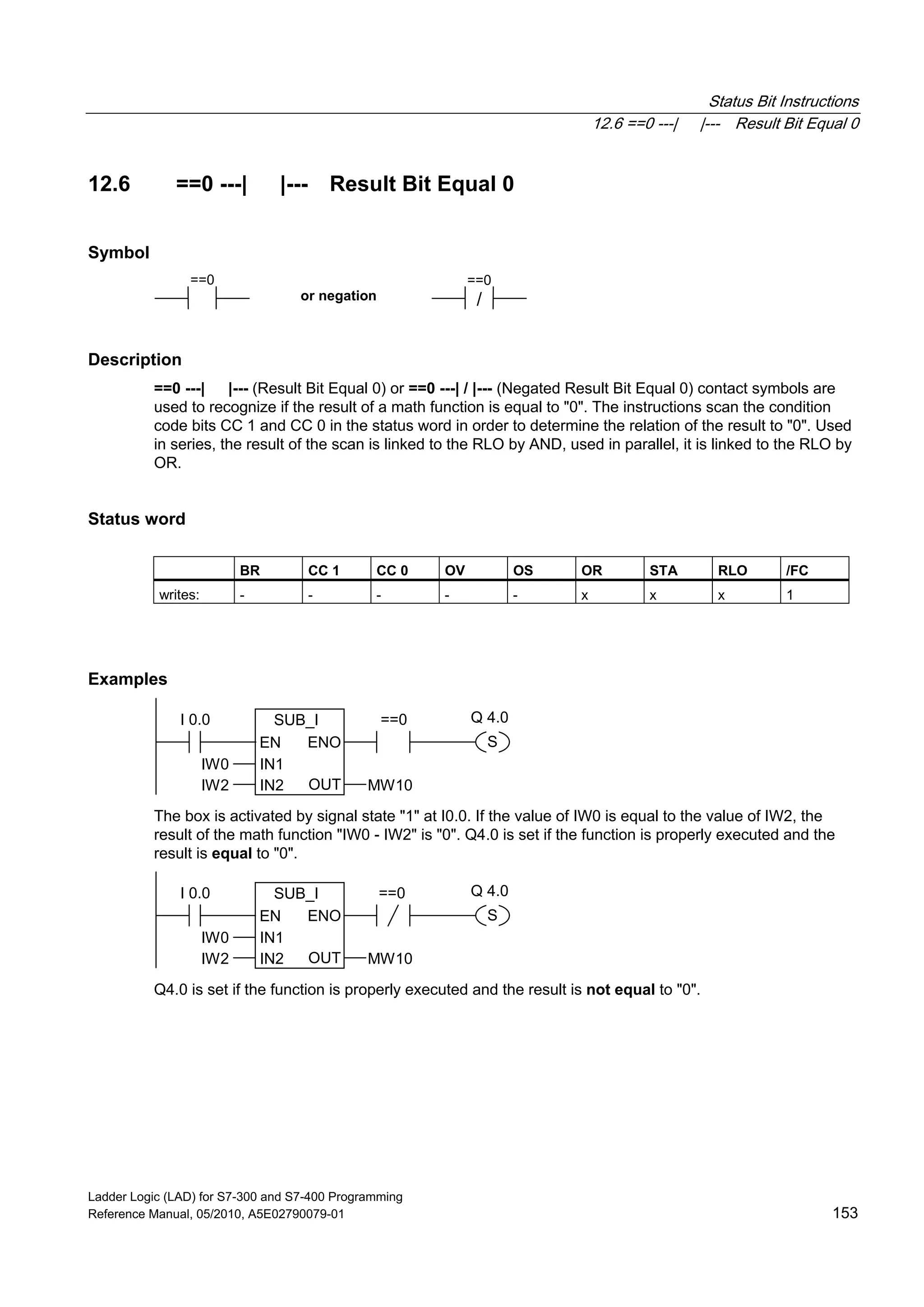 Status Bit Instructions
12.6 ==0 ---| |--- Result Bit Equal 0
Ladder Logic (LAD) for S7-300 and S7-400 Programming
Reference Manual, 05/2010, A5E02790079-01 153
12.6 ==0 ---| |--- Result Bit Equal 0
Symbol
or negation /
==0 ==0
Description
==0 ---| |--- (Result Bit Equal 0) or ==0 ---| / |--- (Negated Result Bit Equal 0) contact symbols are
used to recognize if the result of a math function is equal to "0". The instructions scan the condition
code bits CC 1 and CC 0 in the status word in order to determine the relation of the result to "0". Used
in series, the result of the scan is linked to the RLO by AND, used in parallel, it is linked to the RLO by
OR.
Status word
BR CC 1 CC 0 OV OS OR STA RLO /FC
writes: - - - - - x x x 1
Examples
SUB_I
EN
OUTIN2
ENO
IN1
IW2
IW0
MW10
I 0.0 ==0
S
Q 4.0
The box is activated by signal state "1" at I0.0. If the value of IW0 is equal to the value of IW2, the
result of the math function "IW0 - IW2" is "0". Q4.0 is set if the function is properly executed and the
result is equal to "0".
SUB_I
EN
OUTIN2
ENO
IN1
IW2
IW0
MW10
I 0.0 ==0
S
Q 4.0
Q4.0 is set if the function is properly executed and the result is not equal to "0".
 