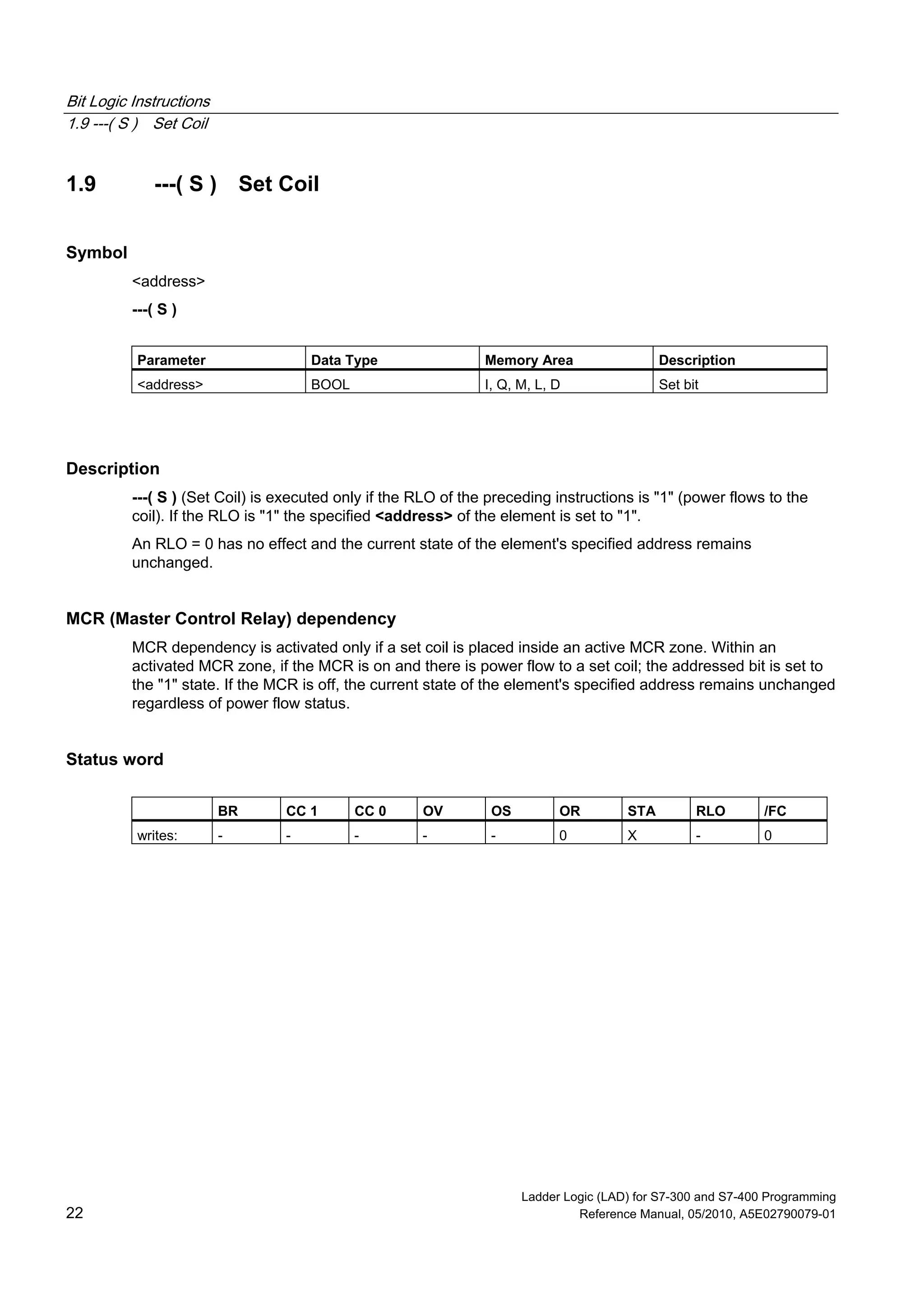 Bit Logic Instructions
1.9 ---( S ) Set Coil
Ladder Logic (LAD) for S7-300 and S7-400 Programming
22 Reference Manual, 05/2010, A5E02790079-01
1.9 ---( S ) Set Coil
Symbol
<address>
---( S )
Parameter Data Type Memory Area Description
<address> BOOL I, Q, M, L, D Set bit
Description
---( S ) (Set Coil) is executed only if the RLO of the preceding instructions is "1" (power flows to the
coil). If the RLO is "1" the specified <address> of the element is set to "1".
An RLO = 0 has no effect and the current state of the element's specified address remains
unchanged.
MCR (Master Control Relay) dependency
MCR dependency is activated only if a set coil is placed inside an active MCR zone. Within an
activated MCR zone, if the MCR is on and there is power flow to a set coil; the addressed bit is set to
the "1" state. If the MCR is off, the current state of the element's specified address remains unchanged
regardless of power flow status.
Status word
BR CC 1 CC 0 OV OS OR STA RLO /FC
writes: - - - - - 0 X - 0
 