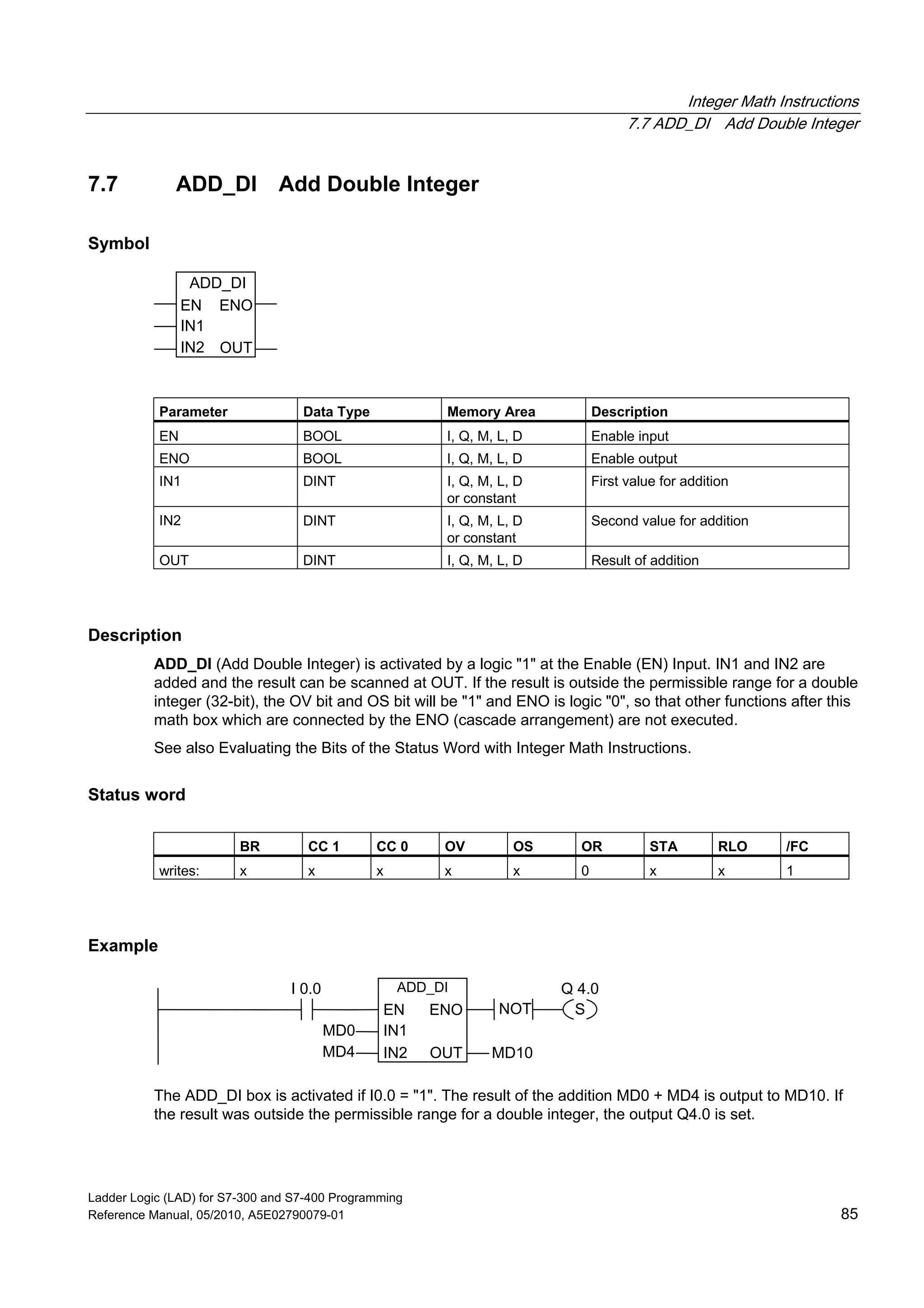 Integer Math Instructions
7.7 ADD_DI Add Double Integer
Ladder Logic (LAD) for S7-300 and S7-400 Programming
Reference Manual, 05/2010, A5E02790079-01 85
7.7 ADD_DI Add Double Integer
Symbol
ADD_DI
EN
OUTIN2
ENO
IN1
Parameter Data Type Memory Area Description
EN BOOL I, Q, M, L, D Enable input
ENO BOOL I, Q, M, L, D Enable output
IN1 DINT I, Q, M, L, D
or constant
First value for addition
IN2 DINT I, Q, M, L, D
or constant
Second value for addition
OUT DINT I, Q, M, L, D Result of addition
Description
ADD_DI (Add Double Integer) is activated by a logic "1" at the Enable (EN) Input. IN1 and IN2 are
added and the result can be scanned at OUT. If the result is outside the permissible range for a double
integer (32-bit), the OV bit and OS bit will be "1" and ENO is logic "0", so that other functions after this
math box which are connected by the ENO (cascade arrangement) are not executed.
See also Evaluating the Bits of the Status Word with Integer Math Instructions.
Status word
BR CC 1 CC 0 OV OS OR STA RLO /FC
writes: x x x x x 0 x x 1
Example
ADD_DI
IN2
IN1
EN
MD0
Q 4.0I 0.0
MD4
ENO
MD10OUT
SNOT
The ADD_DI box is activated if I0.0 = "1". The result of the addition MD0 + MD4 is output to MD10. If
the result was outside the permissible range for a double integer, the output Q4.0 is set.
 