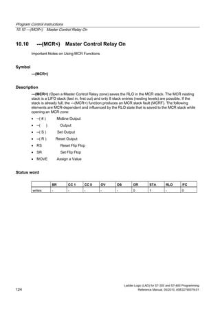 Program Control Instructions
10.10 ---(MCR<) Master Control Relay On
Ladder Logic (LAD) for S7-300 and S7-400 Programming
124 Reference Manual, 05/2010, A5E02790079-01
10.10 ---(MCR<) Master Control Relay On
Important Notes on Using MCR Functions
Symbol
---(MCR<)
Description
---(MCR<) (Open a Master Control Relay zone) saves the RLO in the MCR stack. The MCR nesting
stack is a LIFO stack (last in, first out) and only 8 stack entries (nesting levels) are possible. If the
stack is already full, the ---(MCR<) function produces an MCR stack fault (MCRF). The following
elements are MCR-dependent and influenced by the RLO state that is saved to the MCR stack while
opening an MCR zone:
 --( # ) Midline Output
 --( ) Output
 --( S ) Set Output
 --( R ) Reset Output
 RS Reset Flip Flop
 SR Set Flip Flop
 MOVE Assign a Value
Status word
BR CC 1 CC 0 OV OS OR STA RLO /FC
writes: - - - - - 0 1 - 0
 