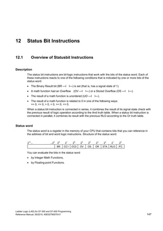 Ladder Logic (LAD) for S7-300 and S7-400 Programming
Reference Manual, 05/2010, A5E02790079-01 147
12 Status Bit Instructions
12.1 Overview of Statusbit Instructions
Description
The status bit instructions are bit logic instructions that work with the bits of the status word. Each of
these instructions reacts to one of the following conditions that is indicated by one or more bits of the
status word:
 The Binary Result bit (BR ---I I---) is set (that is, has a signal state of 1).
 A math function had an Overflow (OV ---I I---) or a Stored Overflow (OS ---I I---).
 The result of a math function is unordered (UO ---I I---).
 The result of a math function is related to 0 in one of the following ways:
== 0, <> 0, > 0, < 0, >= 0, <= 0.
When a status bit instruction is connected in series, it combines the result of its signal state check with
the previous result of logic operation according to the And truth table. When a status bit instruction is
connected in parallel, it combines its result with the previous RLO according to the Or truth table.
Status word
The status word is a register in the memory of your CPU that contains bits that you can reference in
the address of bit and word logic instructions. Structure of the status word:
BR CC1 CC0 OV OS OR STA RLO /FC
2
8
2
7
2
6
2
5
2
4
2
3
2
2
2
1
2
0
...2
9
2
15
...
You can evaluate the bits in the status word
 by Integer Math Functions,
 by Floating-point Functions.
 