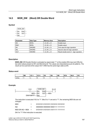 Word Logic Instructions
14.5 WOR_DW (Word) OR Double Word
Ladder Logic (LAD) for S7-300 and S7-400 Programming
Reference Manual, 05/2010, A5E02790079-01 187
14.5 WOR_DW (Word) OR Double Word
Symbol
WOR_DW
EN ENO
IN2
OUTIN1
Parameter Data Type Memory Area Description
EN BOOL I, Q, M, L, D Enable input
ENO BOOL I, Q, M, L, D Enable output
IN1 DWORD I, Q, M, L, D First value for logic operation
IN2 DWORD I, Q, M, L, D Second value for logic operation
OUT DWORD I, Q, M, L, D Result double word of logic operation
Description
WOR_DW (OR Double Words) is activated by signal state "1" at the enable (EN) input and ORs the
two word values present at IN1 and IN2 bit by bit. The values are interpreted as pure bit patterns. The
result can be scanned at the output OUT. ENO has the same logic state as EN.
Status word
BR CC 1 CC 0 OV OS OR STA RLO /FC
writes: 1 x 0 0 - x 1 1 1
Example
WOR_DW
IN2
IN1
EN
MD0 MD4
Q 4.0I 0.0
DW#16#FFF
ENO
OUT
The instruction is executed if I0.0 is "1". Bits 0 to 11 are set to "1", the remaining MD0 bits are not
changed:
MD0 = 01010101 01010101 01010101 01010101
IN2 = 00000000 00000000 00001111 11111111
MD0 OR IN2 = MD4 = 01010101 01010101 01011111 11111111
Q4.0 is "1" if the instruction is executed.
 