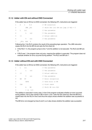 Working with Ladder Logic
C.1 EN/ENO Mechanism
Ladder Logic (LAD) for S7-300 and S7-400 Programming
Reference Manual, 05/2010, A5E02790079-01 217
C.1.2 Adder with EN and without ENO Connected
If the adder has an EN but no ENO connected, the following STL instructions are triggered:
1 A I 0.0 // EN connection
2 JNB _001 // Shift RLO into BR and jump if RLO = 0
3 L in1 // Box parameter
4 L in2 // Box parameter
5 +I // Actual addition
6 T out // Box parameter
7 _001: NOP 0
Following line 1 the RLO contains the result of the preceding logic operation. The JNB instruction
copies the RLO into the BR bit and sets the first check bit.
 If the RLO = 0, the program jumps to line 7 and the addition is not executed. The RLO and BR are
0.
 If RLO was 1, the program does not jump, meaning the addition is executed. The program does not
evaluate whether an error occurred during addition. The RLO and BR are 1.
C.1.3 Adder without EN and with ENO Connected
If the adder has no EN but an ENO connected, the following STL instructions are triggered:
1 L in1 // Box parameter
2 L in2 // Box parameter
3 +I // Actual addition
4 T out // Box parameter
5 AN OV // Error recognition
6 SAVE // Save error in BR
7 CLR // First check
8 A BR // Shift BR into RLO
9 = Q 4.0
The addition is executed in every case. In line 5 the program evaluates whether an error occurred
during addition, this is then stored in BR in line 6. Line 7 sets the first check bit. Now the BR bit is
copied back into the RLO in line 8 and thus the output shows whether the addition was successful or
not.
The BR bit is not changed by lines 8 and 9, so it also shows whether the addition was successful.
 