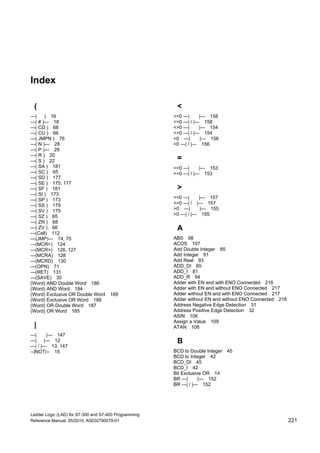 Ladder Logic (LAD) for S7-300 and S7-400 Programming
Reference Manual, 05/2010, A5E02790079-01 221
Index
(
---( ) 16
---( # )--- 18
---( CD ) 68
---( CU ) 66
---( JMPN ) 76
---( N )--- 28
---( P )--- 29
---( R ) 20
---( S ) 22
---( SA ) 181
---( SC ) 65
---( SD ) 177
---( SE ) 175, 177
---( SF ) 181
---( SI ) 173
---( SP ) 173
---( SS ) 179
---( SV ) 175
---( SZ ) 65
---( ZR ) 68
---( ZV ) 66
---(Call) 112
---(JMP)--- 74, 75
---(MCR<) 124
---(MCR>) 126, 127
---(MCRA) 128
---(MCRD) 130
---(OPN) 71
---(RET) 131
---(SAVE) 30
(Word) AND Double Word 186
(Word) AND Word 184
(Word) Exclusive OR Double Word 189
(Word) Exclusive OR Word 188
(Word) OR Double Word 187
(Word) OR Word 185
|
---| |--- 147
---| |--- 12
---| / |--- 13, 147
--|NOT|-- 15
<
<=0 ---| |--- 158
<=0 ---| / |--- 158
<>0 ---| |--- 154
<>0 ---| / |--- 154
<0 ---| |--- 156
<0 ---| / |--- 156
=
==0 ---| |--- 153
==0 ---| / |--- 153
>
>=0 ---| |--- 157
>=0 ---| / |--- 157
>0 ---| |--- 155
>0 ---| / |--- 155
A
ABS 98
ACOS 107
Add Double Integer 85
Add Integer 81
Add Real 93
ADD_DI 85
ADD_I 81
ADD_R 94
Adder with EN and with ENO Connected 216
Adder with EN and without ENO Connected 217
Adder without EN and with ENO Connected 217
Adder without EN and without ENO Connected 218
Address Negative Edge Detection 31
Address Positive Edge Detection 32
ASIN 106
Assign a Value 109
ATAN 108
B
BCD to Double Integer 45
BCD to Integer 42
BCD_DI 45
BCD_I 42
Bit Exclusive OR 14
BR ---| |--- 152
BR ---| / |--- 152
 
