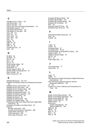 Index
Ladder Logic (LAD) for S7-300 and S7-400 Programming
222 Reference Manual, 05/2010, A5E02790079-01
C
Call Block from a Library 123
Call FB from Box 114
Call FC from Box 116
Call FC SFC from Coil (without Parameters) 112
Call Multiple Instance 122
Call System FB from Box 118
Call System FC from Box 120
CALL_FB 114
CALL_FC 116
CALL_SFB 118
CALL_SFC 120
CEIL 55
Ceiling 55
CMP ? D 39
CMP ? I 38
CMP ? R 40
Conditional Jump 75
COS 104
D
DI_BCD 46
DI_REAL 47
DIV_DI 88
DIV_I 84
DIV_R 97
Divide Double Integer 88
Divide Integer 84
Divide Real 97
Double Integer to BCD 46
Double Integer to Floating-Point 47
Down Counter 63
Down Counter Coil 68
E
EN/ENO Mechanism 215, 216
Establish the Absolute Value of a Floating-Point Number
98
Establish the Arc Cosine Value 107
Establish the Arc Sine Value 106
Establish the Arc Tangent Value 108
Establish the Cosine Value 104
Establish the Exponential Value 101
Establish the Natural Logarithm 102
Establish the Sine Value 103
Establish the Square 99
Establish the Square Root 100
Establish the Tangent Value 105
Evaluating the Bits of the Status Word with Integer Math
Instructions 80
Evaluation of the Bits in the Status Word 92
Example
Bit Logic Instructions 200
Counter and Comparison Instructions 208
Integer Math Instructions 211
Timer Instructions 204
Word Logic Instructions 212
Exception Bit Binary Result 152
Exception Bit Overflow 148
Exception Bit Overflow Stored 149
Exception Bit Unordered 151
EXP 101
Extended Pulse S5 Timer 165
Extended Pulse Timer Coil 175
F
Floating-Point Math Instructions 92
Floor 56
FLOOR 56
I
I_BCD 43
I_DINT 44
Immediate Read 33
Immediate Write 34, 35
Important Notes on Using MCR Functions 123
Integer to BCD 43
Integer to Double Integer 44
INV_DI 49
INV_I 48
Invert Power Flow 15
J
Jump Instructions 77
Jump-If-Not 76
L
Label 77
LABEL 77
LAD Instructions Sorted According to English Mnemonics
(International) 191
LAD Instructions Sorted According to German
Mnemonics (SIMATIC) 195
LN 102
Location of a Timer in Memory and Components of a
Timer 160
M
Master Control Relay Activate 128
Master Control Relay Deactivate 130
Master Control Relay Off 126
Master Control Relay On 124
Midline Output 18
Mnemonics
English (International) 191
German (SIMATIC) 195
MOD_DI 89
MOVE 110
MUL_DI 87
MUL_I 83
MUL_R 96
 