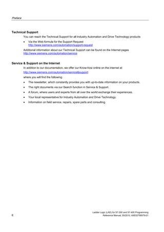 Preface
Ladder Logic (LAD) for S7-300 and S7-400 Programming
6 Reference Manual, 05/2010, A5E02790079-01
Technical Support
You can reach the Technical Support for all Industry Automation and Drive Technology products
 Via the Web formula for the Support Request
http://www.siemens.com/automation/support-request
Additional information about our Technical Support can be found on the Internet pages
http://www.siemens.com/automation/service
Service & Support on the Internet
In addition to our documentation, we offer our Know-how online on the internet at:
http://www.siemens.com/automation/service&support
where you will find the following:
 The newsletter, which constantly provides you with up-to-date information on your products.
 The right documents via our Search function in Service & Support.
 A forum, where users and experts from all over the world exchange their experiences.
 Your local representative for Industry Automation and Drive Technology.
 Information on field service, repairs, spare parts and consulting.
 