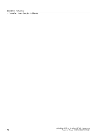 Data Block Instructions
5.1 ---(OPN) Open Data Block: DB or DI
Ladder Logic (LAD) for S7-300 and S7-400 Programming
72 Reference Manual, 05/2010, A5E02790079-01
 