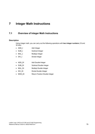Ladder Logic (LAD) for S7-300 and S7-400 Programming
Reference Manual, 05/2010, A5E02790079-01 79
7 Integer Math Instructions
7.1 Overview of Integer Math Instructions
Description
Using integer math, you can carry out the following operations with two integer numbers (16 and
32 bits):
 ADD_I Add Integer
 SUB_I Subtract Integer
 MUL_I Multiply Integer
 DIV_I Divide Integer
 ADD_DI Add Double Integer
 SUB_DI Subtract Double Integer
 MUL_DI Multiply Double Integer
 DIV_DI Divide Double Integer
 MOD_DI Return Fraction Double Integer
 