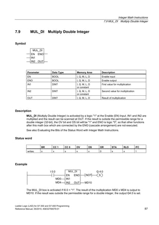 Integer Math Instructions
7.9 MUL_DI Multiply Double Integer
Ladder Logic (LAD) for S7-300 and S7-400 Programming
Reference Manual, 05/2010, A5E02790079-01 87
7.9 MUL_DI Multiply Double Integer
Symbol
MUL_DI
EN
OUTIN2
ENO
IN1
Parameter Data Type Memory Area Description
EN BOOL I, Q, M, L, D Enable input
ENO BOOL I, Q, M, L, D Enable output
IN1 DINT I, Q, M, L, D
or constant
First value for multiplication
IN2 DINT I, Q, M, L, D
or constant
Second value for multiplication
OUT DINT I, Q, M, L, D Result of multiplication
Description
MUL_DI (Multiply Double Integer) is activated by a logic "1" at the Enable (EN) Input. IN1 and IN2 are
multiplied and the result can be scanned at OUT. If the result is outside the permissible range for a
double integer (32-bit), the OV bit and OS bit will be "1" and ENO is logic "0", so that other functions
after this math box which are connected by the ENO (cascade arrangement) are not executed.
See also Evaluating the Bits of the Status Word with Integer Math Instructions.
Status word
BR CC 1 CC 0 OV OS OR STA RLO /FC
writes: x x x x x 0 x x 1
Example
MUL_DI
IN2
IN1
EN
MD0
Q 4.0I 0.0
MD4
ENO
MD10OUT
SNOT
The MUL_DI box is activated if I0.0 = "1". The result of the multiplication MD0 x MD4 is output to
MD10. If the result was outside the permissible range for a double integer, the output Q4.0 is set.
 