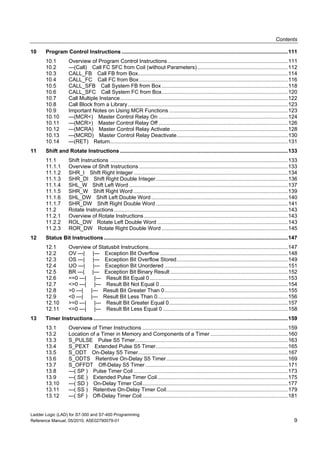 Contents
Ladder Logic (LAD) for S7-300 and S7-400 Programming
Reference Manual, 05/2010, A5E02790079-01 9
10 Program Control Instructions ................................................................................................................111
10.1 Overview of Program Control Instructions.................................................................................111
10.2 ---(Call) Call FC SFC from Coil (without Parameters).............................................................112
10.3 CALL_FB Call FB from Box.....................................................................................................114
10.4 CALL_FC Call FC from Box ....................................................................................................116
10.5 CALL_SFB Call System FB from Box .....................................................................................118
10.6 CALL_SFC Call System FC from Box.....................................................................................120
10.7 Call Multiple Instance.................................................................................................................122
10.8 Call Block from a Library............................................................................................................123
10.9 Important Notes on Using MCR Functions ................................................................................123
10.10 ---(MCR<) Master Control Relay On .......................................................................................124
10.11 ---(MCR>) Master Control Relay Off .......................................................................................126
10.12 ---(MCRA) Master Control Relay Activate...............................................................................128
10.13 ---(MCRD) Master Control Relay Deactivate...........................................................................130
10.14 ---(RET) Return........................................................................................................................131
11 Shift and Rotate Instructions .................................................................................................................133
11.1 Shift Instructions ........................................................................................................................133
11.1.1 Overview of Shift Instructions ....................................................................................................133
11.1.2 SHR_I Shift Right Integer........................................................................................................134
11.1.3 SHR_DI Shift Right Double Integer.........................................................................................136
11.1.4 SHL_W Shift Left Word ...........................................................................................................137
11.1.5 SHR_W Shift Right Word ........................................................................................................139
11.1.6 SHL_DW Shift Left Double Word ............................................................................................140
11.1.7 SHR_DW Shift Right Double Word .........................................................................................141
11.2 Rotate Instructions .....................................................................................................................143
11.2.1 Overview of Rotate Instructions.................................................................................................143
11.2.2 ROL_DW Rotate Left Double Word ........................................................................................143
11.2.3 ROR_DW Rotate Right Double Word .....................................................................................145
12 Status Bit Instructions............................................................................................................................147
12.1 Overview of Statusbit Instructions..............................................................................................147
12.2 OV ---| |--- Exception Bit Overflow ......................................................................................148
12.3 OS ---| |--- Exception Bit Overflow Stored...........................................................................149
12.4 UO ---| |--- Exception Bit Unordered ...................................................................................151
12.5 BR ---| |--- Exception Bit Binary Result ...............................................................................152
12.6 ==0 ---| |--- Result Bit Equal 0.............................................................................................153
12.7 <>0 ---| |--- Result Bit Not Equal 0 ......................................................................................154
12.8 >0 ---| |--- Result Bit Greater Than 0...................................................................................155
12.9 <0 ---| |--- Result Bit Less Than 0........................................................................................156
12.10 >=0 ---| |--- Result Bit Greater Equal 0................................................................................157
12.11 <=0 ---| |--- Result Bit Less Equal 0 ....................................................................................158
13 Timer Instructions ...................................................................................................................................159
13.1 Overview of Timer Instructions ..................................................................................................159
13.2 Location of a Timer in Memory and Components of a Timer ....................................................160
13.3 S_PULSE Pulse S5 Timer.......................................................................................................163
13.4 S_PEXT Extended Pulse S5 Timer.........................................................................................165
13.5 S_ODT On-Delay S5 Timer.....................................................................................................167
13.6 S_ODTS Retentive On-Delay S5 Timer..................................................................................169
13.7 S_OFFDT Off-Delay S5 Timer ................................................................................................171
13.8 ---( SP ) Pulse Timer Coil ........................................................................................................173
13.9 ---( SE ) Extended Pulse Timer Coil........................................................................................175
13.10 ---( SD ) On-Delay Timer Coil..................................................................................................177
13.11 ---( SS ) Retentive On-Delay Timer Coil..................................................................................179
13.12 ---( SF ) Off-Delay Timer Coil ..................................................................................................181
 