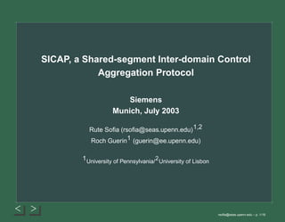 < >
SICAP, a Shared-segment Inter-domain Control
Aggregation Protocol
Siemens
Munich, July 2003
Rute Soﬁa (rsoﬁa@seas.upenn.edu)1,2
Roch Guerin1 (guerin@ee.upenn.edu)
1University of Pennsylvania/
2
University of Lisbon
rsoﬁa@seas.upenn.edu – p. 1/16
 