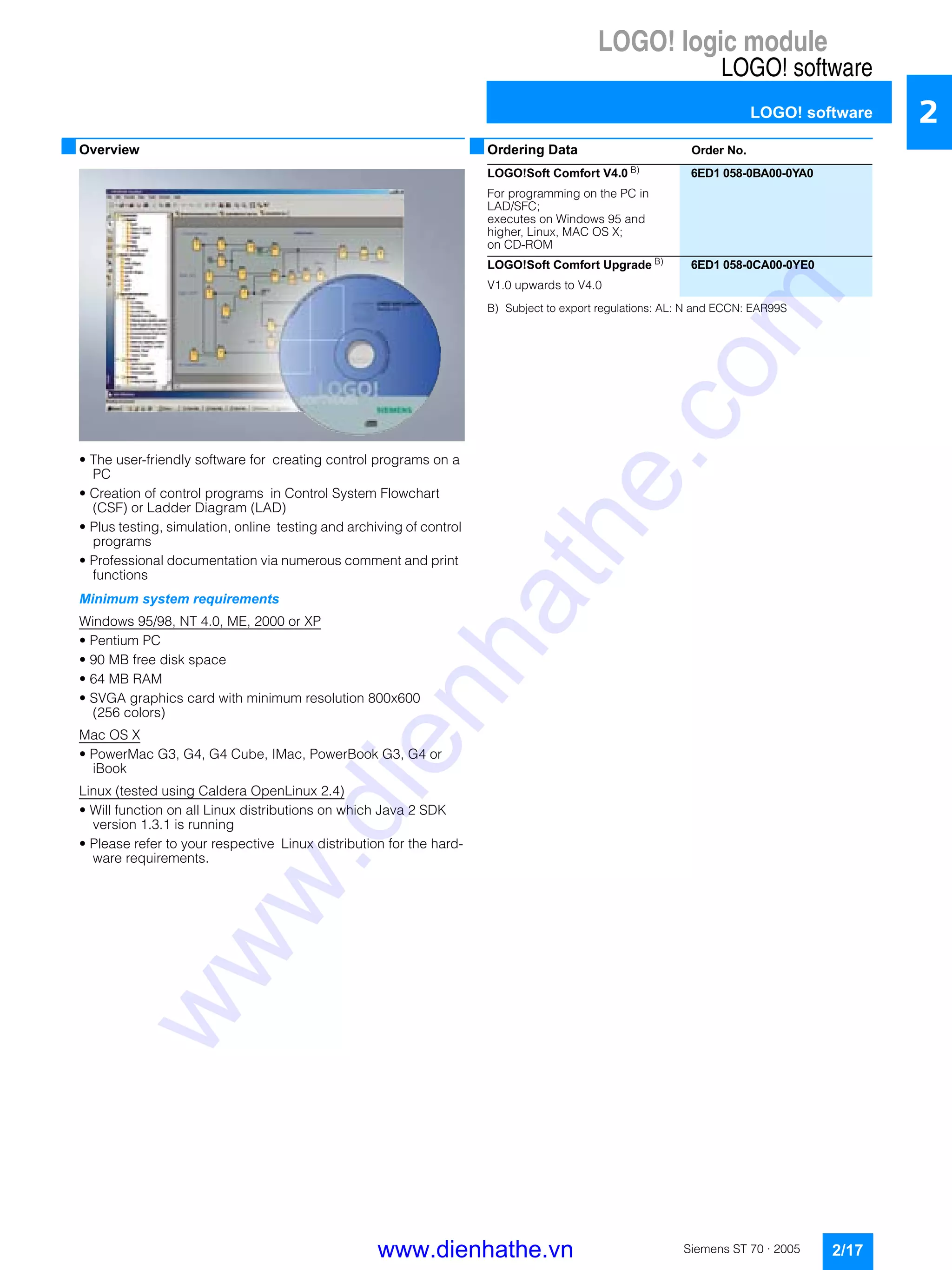 LOGO! logic module
LOGO! software
LOGO! software
2/17Siemens ST 70 · 2005
2
■Overview
• The user-friendly software for creating control programs on a
PC
• Creation of control programs in Control System Flowchart
(CSF) or Ladder Diagram (LAD)
• Plus testing, simulation, online testing and archiving of control
programs
• Professional documentation via numerous comment and print
functions
Minimum system requirements
Windows 95/98, NT 4.0, ME, 2000 or XP
• Pentium PC
• 90 MB free disk space
• 64 MB RAM
• SVGA graphics card with minimum resolution 800x600
(256 colors)
Mac OS X
• PowerMac G3, G4, G4 Cube, IMac, PowerBook G3, G4 or
iBook
Linux (tested using Caldera OpenLinux 2.4)
• Will function on all Linux distributions on which Java 2 SDK
version 1.3.1 is running
• Please refer to your respective Linux distribution for the hard-
ware requirements.
■Ordering Data Order No.
B) Subject to export regulations: AL: N and ECCN: EAR99S
LOGO!Soft Comfort V4.0 B)
6ED1 058-0BA00-0YA0
For programming on the PC in
LAD/SFC;
executes on Windows 95 and
higher, Linux, MAC OS X;
on CD-ROM
LOGO!Soft Comfort Upgrade B) 6ED1 058-0CA00-0YE0
V1.0 upwards to V4.0
www.dienhathe.vn
www.dienhathe.com
 