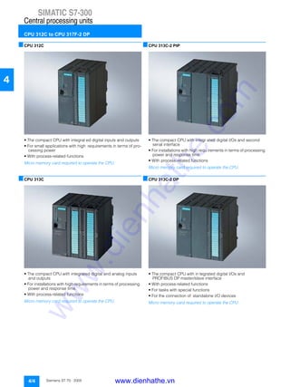 SIMATIC S7-300
Central processing units
CPU 312C to CPU 317F-2 DP
4/4 Siemens ST 70 · 2005
4
■CPU 312C
• The compact CPU with integrat ed digital inputs and outputs
• For small applications with high requirements in terms of pro-
cessing power
• With process-related functions
Micro memory card required to operate the CPU.
■CPU 313C
• The compact CPU with integrated digital and analog inputs
and outputs
• For installations with high requirements in terms of processing
power and response time.
• With process-related functions
Micro memory card required to operate the CPU.
■CPU 313C-2 PtP
• The compact CPU with integr ated digital I/Os and second
serial interface
• For installations with high requ irements in terms of processing
power and response time.
• With process-related functions
Micro memory card required to operate the CPU.
■CPU 313C-2 DP
• The compact CPU with in tegrated digital I/Os and
PROFIBUS DP master/slave interface
• With process-related functions
• For tasks with special functions
• For the connection of standalone I/O devices
Micro memory card required to operate the CPU.
www.dienhathe.vn
www.dienhathe.com
 