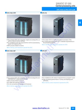 SIMATIC S7-300
Central processing units
CPU 312C to CPU 317F-2 DP
4/5Siemens ST 70 · 2005
4
■CPU 314C-2 PtP
• The compact CPU with integrated digital and analog I/Os, as
well as a second serial interface
• For installations with high requirements in terms of processing
power and response time
• With process-related functions
Micro memory card required to operate the CPU.
■CPU 314C-2 DP
• The compact CPU with integrated digital and analog I/Os and
PROFIBUS DP master/slave interface
• With process-related functions
• For tasks with special functions
• For the connection of standalone I/O devices
Micro memory card required to operate the CPU.
■CPU 312
• The starter CPU for Totally Integrated Automation (TIA).
• For small-scale applications wi th moderate requirements on
the processing speed.
Micro memory card required to operate the CPU.
■CPU 314
• For installations with medium requirements on program scope
• High processing performance in binary and floating-point
arithmetic
Micro memory card is required to operate the CPU.
www.dienhathe.vn
www.dienhathe.com
 