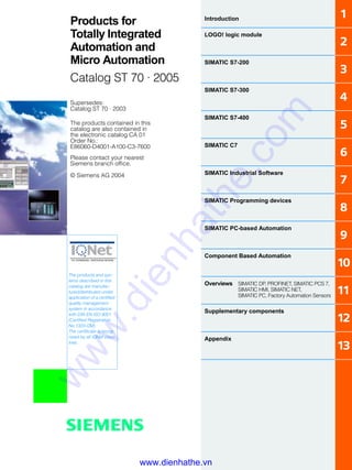 s
Supersedes:
Catalog ST 70 · 2003
The products contained in this
catalog are also contained in
the electronic catalog CA 01
Order No.:
E86060-D4001-A100-C3-7600
Please contact your nearest
Siemens branch office.
© Siemens AG 2004
Products for
Totally Integrated
Automation and
Micro Automation
Catalog ST 70 · 2005
Introduction 1
LOGO! logic module
2
SIMATIC S7-200
3
SIMATIC S7-300
4
SIMATIC S7-400
5
SIMATIC C7
6
SIMATIC Industrial Software
7
SIMATIC Programming devices
8
SIMATIC PC-based Automation
9
Component Based Automation
10
Overviews SIMATIC DP, PROFINET, SIMATIC PCS 7,
SIMATIC HMI, SIMATIC NET,
SIMATIC PC, Factory Automation Sensors
11
Supplementary components
12
Appendix
13
The products and sys-
tems described in this
catalog are manufac-
tured/distributed under
application of a certified
quality management
system in accordance
with DIN EN ISO 9001
(Certified Registration
No.1323-QM).
The certificate is recog-
nized by all IQNet coun-
tries.
www.dienhathe.vn
www.dienhathe.com
 