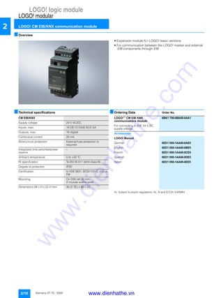 LOGO! logic module
LOGO! modular
LOGO! CM EIB/KNX communication module
2/10 Siemens ST 70 · 2005
2
■Overview
• Expansion module fo r LOGO! basic versions
• For communication between the LOGO! master and external
EIB components through EIB
■Technical specifications ■Ordering Data Order No.
A) Subject to export regulations: AL: N and ECCN: EAR99H
CM EIB/KNX
Supply voltage 24 V AC/DC
Inputs, max. 16 DE/12 DA/8 AE/2 AA
Outputs, max. 16 digital
Continuous current 25 mA
Short-circuit protection External fuse protection is
required
Integrated time switches/power
reserve
–
Ambient temperature 0 to +55 °C
RI specification To EN 55 011 (limit class B)
Degree of protection IP20
Certification to VDE 0631, IEC61131-2, cULus,
FM
Mounting On DIN rail 35 mm,
2 module widths wide
Dimensions (W x H x D) in mm 36 (2 TE) × 90 × 55
LOGO!A)
CM EIB KNX
communications module
6BK1 700-0BA00-0AA1
For connecting to EIB, 24 V DC
supply voltage
Accessories
LOGO! Manual
German 6ED1 050-1AA00-0AE5
English 6ED1 050-1AA00-0BE5
French 6ED1 050-1AA00-0CE5
Spanish 6ED1 050-1AA00-0DE5
Italian 6ED1 050-1AA00-0EE5
www.dienhathe.vn
www.dienhathe.com
 