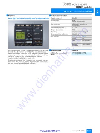 LOGO! logic module
LOGO! modular
AS-Interface connection for LOGO!
2/11Siemens ST 70 · 2005
2
■Overview
Each LOGO! can now be connected to the AS-Interface system
An intelligent slave can be integrated into the AS-Interface sys-
tem with the AS-Interface for LOGO! The modular interface
allows the different basic units to be integrated into the system
depending on the required functionality. In addition, the functio-
nality can be quickly and simply adapted to changed
requirements by replacing the basic unit.
The interface provides four inputs and four outputs for the sys-
tem. These I/Os, however, are not implemented in hardware, but
are only virtually available via the interface.
■Technical specifications
■Ordering Data Order No.
Supply voltage in V 24 V DC
Inputs/outputs 4 / 4
(virtual inputs/outputs)
Bus connection AS-Interface according to
specification
Ambient temperature in °C 0 ... +55
Degree of protection IP20
Mounting onto standard mounting rail
Dimensions (W x H x D) in mm 36 x 90 x 58
LED displays LED Status
Green OK
Red No data traffic
Flashes
red/yellow
Zero address
AS-Interface connection for
LOGO!
3RK1 400-0CE10-0AA2
www.dienhathe.vn
www.dienhathe.com
 