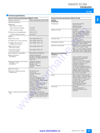 SIMATIC S7-200
Introduction
S7-200
3/3Siemens ST 70 · 2005
3
■Technical specifications
General Technical specifications SIMATIC S7-200
Degree of protection IP20 in accordance with IEC 529
Ambient temperature
• Operation
(95% relative humidity)
- With horizontal mounting 0 to 55°C
- With vertical mounting 0 to 45 °C
• Transport and storageGeneral -40 to +70 °C
- with 95% relative humidity 25 to 55 °C
Isolation
• 5/24 V DC circuits Test voltage 500 V AC
• 115/230 V AC circuits to ground Test voltage 1500 V AC
• 115/230 V AC circuits to
115/230 V AC circuits
Test voltage 1500 V AC
• 230 V AC circuits to
5/24 V DC circuits
Test voltage 1500 V AC
• 115 V AC circuits to
5/24 V DC circuits
Test voltage 1500 V AC
Electromagnetic compatibility Requirements of EMC law
• Noise immunity to
EN 50082-2
Tested according to:
IEC 801-2, IEC 801-3, IEC 801-4,
EN 50141, EN 50204, IEC 801-5,
VDE 0160
• Emitted interference according to
EN 50081-1 and
EN 50081-2
Tested according to
EN 55011, Class A,
Group 1 and
EN 55011, Class B,
Group 1
Mechanical rating
• Vibrations, tested according
to/tested with
IEC 68, Part 2-6:
10 to 57 Hz;
constant amplitude
0.3 mm;
58 to 150 Hz;
constant acceleration 1 g
(mounted on DIN rail) or
2 g (mounted in control cabinet);
type of vibration:
frequency cycles with a rate of
change of 1 octave/minute;
vibration duration:
10 frequency cycles per axis in
each direction of the 3 mutually
perpendicular axes
• Shock, tested according to/tested
with
IEC 68, Part 2-27/half-sine:
shock strength 15 g (peak value),
duration 11 ms, 6 shocks on each
of the 3 mutually perpendicular
axes
General Technical specifications SIPLUS S7-200
Ambient
temperature
Temperature Horizontal mounting:
-25 °C to 70 °C
Vertical mounting:
-25 °C to 50 °C
Relative humidity 5 to 95%;
transient condensation permis-
sible, corresponding to relative
humidity (RH-) stress grade 2
according to IEC 1131-2 and
IEC 721 3-3 Cl. 3K5
Transient icing -25 °C to 0 °C
IEC 721 3-3 Cl. 3K5
Atmospheric pressure 1080 to 795 hPa corresponding to
a height of -1000 to 2000 m
Pollutant concentration SO2: < 0,5 ppm; relative humidity
<60% Test: 10 ppm, 4 days
H2S: < 0,1 ppm; relative humidity
<60% Test: 1 ppm, 4 days (accor-
ding to IEC 721 3-3; Class 3C3)
Mechanical environmental
conditions
Vibrations Type of vibration: frequency
progressions changing at 1
octave per minute.
2 Hz ≤ f ≤ 9 Hz, constant ampli-
tude 3,0 mm 9 Hz ≤ f ≤ 150 Hz,
constant acceleration 1 g;
Duration of vibration:
10 frequency progressions per
axis in each direction of the three
mutually perpendicular axes;
Vibration testing according to
IEC 68 section 2-6 (Sinus) and
IEC 721 3-3, Class 3M4
Shock Type of shock: semisinusoidal
shock strength: 15 g peak value,
duration shock direction 11 ms:
3 shocks each in +/- direction
on each of the mutually
perpendicular axes
Shock testing according
to IEC 68 section 2-27
Conformity EN 50155
(railroad applications -
electronical device on rail
vehicles)
www.dienhathe.vn
www.dienhathe.com
 