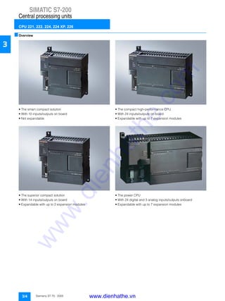 SIMATIC S7-200
Central processing units
CPU 221, 222, 224, 224 XP, 226
3/4 Siemens ST 70 · 2005
3
■Overview
• The smart compact solution
• With 10 inputs/outputs on board
• Not expandable
• The superior compact solution
• With 14 inputs/outputs on board
• Expandable with up to 2 expansion modules
• The compact high-performance CPU
• With 24 inputs/outputs on board
• Expandable with up to 7 expansion modules
• The power CPU
• With 24 digital and 3 analog inputs/outputs onboard
• Expandable with up to 7 expansion modules
www.dienhathe.vn
www.dienhathe.com
 