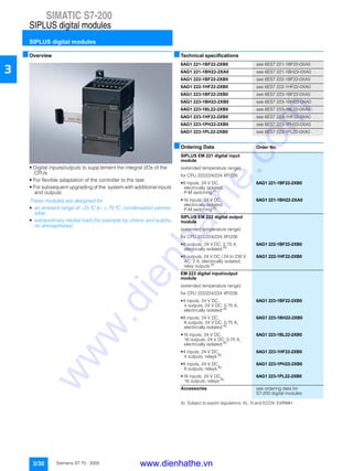 SIMATIC S7-200
SIPLUS digital modules
SIPLUS digital modules
3/30 Siemens ST 70 · 2005
3
■Overview
• Digital inputs/outputs to supp lement the integral I/Os of the
CPUs
• For flexible adaptation of the controller to the task
• For subsequent upgrading of the system with additional inputs
and outputs
These modules are designed for
• an ambient range of – 25 °C to + 70 °C, condensation permis-
sible
• extraordinary medial load (for example by chloric and sulphu-
ric atmospheres)
■Technical specifications
■Ordering Data Order No.
A) Subject to export regulations: AL: N and ECCN: EAR99H
6AG1 221-1BF22-2XB0 see 6ES7 221-1BF22-0XA0
6AG1 221-1BH22-2XA0 see 6ES7 221-1BH22-0XA0
6AG1 222-1BF22-2XB0 see 6ES7 222-1BF22-0XA0
6AG1 222-1HF22-2XB0 see 6ES7 222-1HF22-0XA0
6AG1 223-1BF22-2XB0 see 6ES7 223-1BF22-0XA0
6AG1 223-1BH22-2XB0 see 6ES7 223-1BH22-0XA0
6AG1 223-1BL22-2XB0 see 6ES7 223-1BL22-0XA0
6AG1 223-1HF22-2XB0 see 6ES7 223-1HF22-0XA0
6AG1 223-1PH22-2XB0 see 6ES7 223-1PH22-0XA0
6AG1 223-1PL22-2XB0 see 6ES7 223-1PL22-0XA0
SIPLUS EM 221 digital input
module
(extended temperature range)
for CPU 222/224/224 XP/226
• 8 inputs, 24 V DC,
electrically isolated,
P-M switching A)
6AG1 221-1BF22-2XB0
• 16 inputs, 24 V DC,
electrically isolated,
P-M switching A)
6AG1 221-1BH22-2XA0
SIPLUS EM 222 digital output
module
(extended temperature range)
for CPU 222/224/224 XP/226
• 8 outputs, 24 V DC; 0.75 A,
electrically isolated A)
6AG1 222-1BF22-2XB0
• 8 outputs, 24 V DC / 24 to 230 V
AC; 2 A, electrically isolated,
relay outputs A)
6AG1 222-1HF22-2XB0
EM 223 digital input/output
module
(extended temperature range)
for CPU 222/224/224 XP/226
• 4 inputs, 24 V DC,
4 outputs, 24 V DC; 0.75 A,
electrically isolated A)
6AG1 223-1BF22-2XB0
• 8 inputs, 24 V DC,
8 outputs, 24 V DC; 0.75 A,
electrically isolated A)
6AG1 223-1BH22-2XB0
• 16 inputs, 24 V DC,
16 outputs, 24 V DC; 0.75 A,
electrically isolated A)
6AG1 223-1BL22-2XB0
• 4 inputs, 24 V DC,
4 outputs, relays A)
6AG1 223-1HF22-2XB0
• 8 inputs, 24 V DC,
8 outputs, relays A)
6AG1 223-1PH22-2XB0
• 16 inputs, 24 V DC,
16 outputs, relays A)
6AG1 223-1PL22-2XB0
Accessories see ordering data for
S7-200 digital modules
www.dienhathe.vn
www.dienhathe.com
 