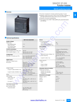 SIMATIC S7-200
Function modules
EM 253 positioning module
3/39Siemens ST 70 · 2005
3
■Overview
• Function modules for simple positioning tasks (1 axis)
• Stepper motors and servo moto rs from the Micro Stepper to
the high-performance servo drive can be connected
• Flexible connection possibilities
• Full support from STEP 7-Micro/WIN with parameterization
and startup
■Technical specifications
6ES7 253-1AA22-0XA0
Supply voltages
Rated value
- permissible range,
lower limit (DC)
11 V
- permissible range,
upper limit (DC)
30 V
Current consumption
• from backplane bus 5 V DC, max. 190 mA
• from supply voltage L+, max. 300 mA; from 12 V DC,
130 mA from 24 V DC
Configuration
• Number of modules per CPU max. 5 with CPU 226/226XM,
max. 3 with CPU 224,
max. 1 with CPU 222
Digital inputs
• Number of digital inputs 5
• Functions Stop (STP),
reference point switch (RPS),
upper limit switch (LMT+),
lower limit switch (LMT-),
zero point (ZP)
Length of cable
- Length of cable shielded, max 100 m; STP, RPS, LMT+,
LMT- 100 m, ZP 10 m
- Length of cable unshielded, max 30 m; STP, RPS, LMT+,
LMT- 30 m, ZP not advisable
• Type IEC Type 1, p-reading
Input voltage
- Rated value, DC 24 V
- for signal "0" STP, RPS, LMT+, LMT- DC 5 V;
ZP DC 1 V
- for signal "1" STP, RPS, LMT+, LMT- DC 15 V;
ZP DC 3 V
Input delay (at rated value
of the input voltage)
• For standard inputs
- Parameterizable Yes; STP, RPS, LMT+,
LMT- 0.2 to 12.8 ms
ZP min 2 µs
Sensor
Connectable encoders
- 2-wire BEROS Yes
- permissible closed-circuit
current (2-wire BEROS), max.
1 mA
Drive interface
Signal output I
- Number 4; choice of RS422/RS485 or
5 V DC
- Type RS422/RS485 electrically
isolated (P0+, P0-, P1+, P1-)
- Differential output voltage, min. 2.8 V; RL=200 ohms
- Pulse frequency 200 kHz; P0+, P0-, P1+, P1-, P0,
P1
- Length of cable, max. 10 m; 10 m shielded;
1 m unshielded
Signal output III
- Type 5 V DC isolated
(P0, P1, DIS, CLR)
- Output voltage 30 V DC
- Output current 50 mA; output delay
(DIS, CLR) max. 30 µs
Potentials/ electrical isolation
Digital input functions
- between the channels Yes
- between the channels,
in groups of
1 (STP, RPS, ZP),
2 (LMT-, LMT+)
Dimensions and weight
• Weight, approx. 190 g
• Width 71.2 mm
• Height 80 mm
• Depth 62 mm
www.dienhathe.vn
www.dienhathe.com
 