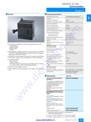 SIMATIC S7-200
Communication
CP 243-1 IT
3/45Siemens ST 70 · 2005
3
■Overview
• Connection of SIMATIC S7-200 to Industrial Ethernet with
- 10/100 Mbit/s
- Half/full duplex
- RJ45 socket
- TCP/IP
• Configuration, remote programmi ng and service is possible
with STEP 7-Micro/WIN through Industrial Ethernet (program
upload and download, status)
• CPU/CPU communication is poss ible through Industrial Ether-
net (Client + Server, 8 S7 connections + 1 PG connection)
• IT communication
- Web function
- E-mail function
- FTP Client function for program-controlled data exchange
(e.g. DOS, UNIX, LINUX, embedded systems)
• FTP server with 8 Mbyte memory
• OPC enables further processing of PLC data in PC applicati-
ons
■Technical specifications
■Ordering Data Order No.
1) Upgrade for all previous STEP 7-Micro/WIN and
STEP 7-Micro/DOS versions
B) Subject to export regulations: AL: N and ECCN: EAR99S
D) Subject to export regulations: AL: N and ECCN: 5D992B1
Data transmission rate 10/100 Mbit/s autosensing
Interfaces
• 10BaseT, 100BaseTX RJ45
• Connection for power supply 24 V DC (± 5%)
Current consumption
• From backplane bus 55 mA
• From external 24 V DC 60 mA
Power loss at 24 V DC 1.75 W
Perm. environmental conditions
• Operating temperature
- Horizontal mounting 0°C to +55°C
- Vertical mounting 0°C to +45°C
• Transport/storage temperature -40 °C to +70 °C
• Relative humidity Max. 95% at +25 °C
Design
• Dimensions (W x H x D) in mm 71.2 x 80 x 62
• Weight 150 g
Performance data
IT communication
• Number of connections to an
e-mail server
1
• E-mail client 32 E-mails with
max. 1024 characters
• Number of FTP connections 1
• Number of HTTP connections 4
• Adjustable access enable
program
8 users
• Memory capacity of the Flash
Memory file system
8 MB
• Service life of the Flash Memory
cells
1,000,000 write cycles
S7 communication/
PG communication
• Number of usable connections 8 S7 connections + 1 PG connection
Configuration With STEP 7-Micro/WIN,
V3.2 SP3 and higher
CP 243-1 IT communications
processor D)
6GK7 243-1GX00-0XE0
for connection of SIMATIC S7-200
to Industrial Ethernet; for S7 com-
munication, PG communication
E-mail and WWW server;
with electronic manual on
CD-ROM
German, English, French, Italian,
Spanish
Programming software STEP 7-
Micro/WIN32 V3.2 for SP3 and
higher
Target system:
All CPUs of the SIMATIC S7-200
Prerequisite:
Windows 95/98/NT/2000/XP on
PG or PC with 80486 or Pentium
processor
Delivery package:
German, English, French, Spa-
nish, Italian; with online documen-
tation
Single license B)
6ES7 810-2CC03-0YX0
Single license Upgrade 1) B)
6ES7 810-2CC03-0YX3
www.dienhathe.vn
www.dienhathe.com
 