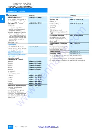 SIMATIC S7-200
Human Machine Interface
SIMATIC TP 177micro
3/52 Siemens ST 70 · 2005
3
■Ordering Data Order No. Order No.
1) The PC/PPI cable with Order No. 6ES7 901-3BF21-0XA0
can also still be used
A) Subject to export regulations AL: N and ECCN: EAR99H
E) Subject to export regulations AL: N and ECCN: 5D002ENC3A
SIMATIC TP 177micro E)
6AV6 640-0CA11-0AX0
Touch Panel for connection to the
SIMATIC S7-200, 5.7" STN display
Starter pack TP 177micro E)
6AV6 650-0DA01-0AA0
comprising:
• TP 177micro touch panel
• SIMATIC WinCC flexible Micro
engineering software
• SIMATIC HMI Manual Collection,
5 languages (English, German,
French, Italian, Spanish) compri-
sing all currently available user
manuals, product manuals and
communication manuals for
SIMATIC HMI
• MPI cable (5 m)
Configuration
with SIMATIC WinCC flexible see catalog ST 80
HSP OP 73micro, OP 73, OP 77A,
TP 177micro, TP 177A:
http://www4.ad.siemens.de/
WW/view/en/19241467
Documentation (to be ordered
separately)
Instruction manual
OP 73micro, TP 177micro
• German 6AV6 691-1DF01-0AA0
• English 6AV6 691-1DF01-0AB0
• French 6AV6 691-1DF01-0AC0
• Italian 6AV6 691-1DF01-0AD0
• Spanish 6AV6 691-1DF01-0AE0
User manual
WinCC flexible Micro
• German 6AV6 691-1AA01-0AA0
• English 6AV6 691-1AA01-0AB0
• French 6AV6 691-1AA01-0AC0
• Italian 6AV6 691-1AA01-0AD0
• Spanish 6AV6 691-1AA01-0AE0
SIMATIC HMI Manual Collection 6AV6 691-1SA01-0AX0
Electronic documentation,
on CD-ROM
5 languages (English, French,
German, Italian and Spanish)
comprising all currently available
user manuals, product manuals
and communication manuals for
SIMATIC HMI
Accessories for supplementary ordering
Protective foil 6AV6 671-2XC00-0AX0
(pack of 10)
Service package 6AV6 671-2XA00-4AX0
comprising:
• Gaskets
• Clamp-type terminals
• Plug-in terminal strip (block of
two)
PC/PPI cable Multimaster 1) A)
6ES7 901-3CB30-0XA0
for connecting the S7-200 to
serial PC/OP interface and for
downloading the configuration for
Micro Panels
PROFIBUS 830-1T connecting
cable
6XV1 830-1CH30
For connection of data terminal,
precut/preassembled with two
sub D connectors, 9-pin, 3 m
System interfaces see catalog ST 80
Connecting cables see catalog ST 80
www.dienhathe.vn
www.dienhathe.com
 