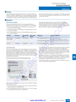 Communication
Industrial Ethernet
FastConnect
10/9Siemens ST PCS 7 · April 2005
10
■Overview
Industrial Ethernet FastConnect (IE FC) is a fast assembly sys-
tem with insulation displacement for easy assembly and wiring
of 4-core and 8-core IE FC cables. Using the FC Stripping Tool it
is possible to remove the outer casing and the woven shield of
the IE FC cable accurately in a single step. The cable prepared
in this manner is subsequently assembled on the contacts of the
connection element.
■Application
Connection elements
The connection elements which can be used depend on
whether the transmission rate is 10/100 Mbit/s or 1,000 Mbit/s:
• IE FC RJ45 Plug 90/180 (10/100 Mbit/s) in association with
4-core (2 x 2) IE FC cables
• IE FC Outlet RJ45 (10/100 Mbit/s) in association with 4-core
(2 x 2) IE FC cables
• IE FC RJ45 Modular Outlet (10/100/1000 Mbit/s) with 8-core
(4 x 2) IE FC cables
The following table provides an overview of the available
switches, the transmission rates they support, and the IE FC
standard cables and IE FC connection elements which can be
used. In addition to the IE FC standard cables, Catalog IK PI of-
fers further IE FC cables with special properties.
IE FC RJ45 Plugs
The IE FC RJ45 Plugs are the ideal solution for communication
links with a transmission rate up to 100 Mbit/s. They permit sim-
ple, fast and direct assembly of the 4-core (2 x 2) twisted pair
(TP) FastConnect installation cables in the field (without patch
technology) up to a cable length of 100 m. Since the IE FC RJ45
Plugs have no parts which can be lost, assembly is also possible
under difficult conditions.
IE FC Outlet RJ45 and IE FC RJ45 Modular Outlet
Alternatives for conversion from RJ45 to the insulation displace-
ment system are the
• IE FC Outlet RJ45 for 4-core TP (2 x 2) IE FC cables and trans-
mission rates up to 100 Mbit/s and
• IE FC RJ45 Modular Outlet for 8-core TP (4 x 2) IE FC cables
and transmission rates up to 1,000 Mbit/s.
The latter has the advantage that the existing wiring can still be
used if the communication is converted from 100 Mbit/s to
1,000 Mbit/s. It is only necessary to replace the 2FE insert by
one of type 1GE. In contrast to the plugs, an RJ45 patch cable
(TP Cord) is additionally required for each outlet which connects
this to the network components or data terminal.
Detailed information on the FastConnect Outlets and the avail-
able TP Cords can be found in Catalog IK PI, Section "Industrial
Ethernet", and in the A&D Mall, or in CA 01 under "Communica-
tion/networks / SIMATIC NET communication systems".
Further information on network structures is provided in the man-
ual for TP and fiber-optic networks.
Switches Port type Transmission
rate
Max. cable
length
Cable type Connection elements
X414-3E, X208,
X204-2, ESM
10/100BaseTX 10/100 Mbit/s 100 m IE FC Standard Cable 2 x 2 IE FC RJ45 Plug 90/180,
alternative: IE FC Outlet RJ45 + TP Cord
IE FC Standard Cable 4 x 2 IE FC RJ45 Modular Outlet with insert 2FE +
TP Cord
X414-3E 1000BaseTX 1.000 Mbit/s 100 m IE FC Standard Cable 4 x 2 IE FC RJ45 Modular Outlet with insert 1GE +
TP Cord
PCS 7
automation
system
SCALANCE X-400
IE FC Standard Cable 4x2
1000 Mbit/s connection
IE FC RJ45 Modular Outlet
Insert 1GE
IE FC RJ45 Modular
Outlet Insert 1GE
www.dienhathe.vn
www.dienhathe.com
 