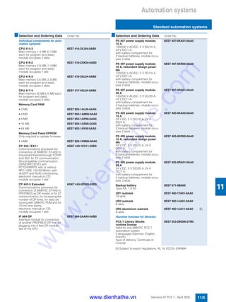 Automation systems
Standard automation systems
11/5Siemens ST PCS 7 · April 2005
11
B) Subject to export regulations: AL: N, ECCN: EAR99H
■Selection and Ordering Data Order No.
Individual components for auto-
mation systems
CPU 414-3
Main memory 1.4 MB (0.7 MB
each for program and data);
module occupies 2 slots
6ES7 414-3XJ04-0AB0
CPU 416-2
Main memory 2.8 MB (1.4 MB
each for program and data);
module occupies 1 slot
6ES7 416-2XK04-0AB0
CPU 416-3
Main memory 5.6 MB (2.8 MB
each for program and data);
module occupies 2 slots
6ES7 416-3XL04-0AB0
CPU 417-4
Main memory 20 MB (10 MB each
for program and data);
module occupies 2 slots
6ES7 417-4XL04-0AB0
Memory Card RAM
• 2 MB 6ES7 952-1AL00-0AA0
• 4 MB 6ES7 952-1AM00-0AA0
• 8 MB 6ES7 952-1AP00-0AA0
• 16 MB 6ES7 952-1AS00-0AA0
• 64 MB 6ES7 952-1AY00-0AA0
Memory Card Flash-EPROM
Only required to update firmware
• 4 MB 6ES7 952-1KM00-0AA0
CP 443-1EX11
Communications processor for
connection of SIMATIC S7-400 to
Industrial Ethernet through TCP/IP
and ISO; for S7 communication,
S5-compatible communication
(SEND/RECEIVE) with
FETCH/WRITE with or without
RFC 1006, 10/100 Mbit/s, with
AUI/ITP and RJ45 connections,
electronic manual on CD;
module occupies 1 slot
6GK7 443-1EX11-0XE0
CP 443-5 Extended
Communications processor for
connection of SIMATIC S7-400 to
PROFIBUS as DP master or for S7
communication, for increasing the
number of DP lines, for data set
routing with SIMATIC PDM and for
10-ms time stamp,
electronic manual on CD;
module occupies 1 slot
6GK7 443-5DX03-0XE0
IF 964-DP
Interface module for connection
of another PROFIBUS DP line, for
plugging into a free DP module
slot of the CPU
6ES7 964-2AA04-0AB0
PS 407 power supply module;
10 A
120/230 V AC/DC; 5 V DC/10 A,
24 V DC/1 A;
with battery compartment for
2 backup batteries, module occu-
pies 2 slots
6ES7 407-0KA01-0AA0
PS 407 power supply module;
10 A, redundant design possi-
ble
120/230 V AC/DC; 5 V DC/10 A,
24 V DC/1 A;
with battery compartment for
2 backup batteries, module occu-
pies 2 slots
6ES7 407-0KR00-0AA0
PS 407 power supply module;
20 A
120/230 V AC/DC; 5 V DC/20 A,
24 V DC/1 A;
with battery compartment for
2 backup batteries, module occu-
pies 3 slots
6ES7 407-0RA01-0AA0
PS 405 power supply module;
10 A
24 V DC; 5 V DC/10 A, 24 V
DC/1 A;
with battery compartment for
2 backup batteries, module occu-
pies 2 slots
6ES7 405-0KA02-0AA0
PS 405 power supply module;
10 A, redundant design possi-
ble
24 V DC; 5 V DC/10 A, 24 V
DC/1 A;
with battery compartment for
2 backup batteries, module occu-
pies 2 slots
6ES7 405-0KR00-0AA0
PS 405 power supply module;
20 A
24 V DC; 5 V DC/20 A, 24 V
DC/1 A;
with battery compartment for
2 backup batteries, module occu-
pies 3 slots
6ES7 405-0RA01-0AA0
Backup battery
Type AA, 1.9 Ah
6ES7 971-0BA00
UR1 subrack
18 slots
6ES7 400-1TA01-0AA0
UR2 subrack
9 slots
6ES7 400-1JA01-0AA0
UR2 aluminium subrack
9 slots
6ES7 400-1JA11-0AA0 B)
Runtime licenses for libraries
PCS 7 Library Blocks
runtime license
Valid for one SIMATIC PCS 7
automation system
3 languages (German, English,
French)
Type of delivery: Certificate of
License
6ES7 653-2BG06-2YB0
■Selection and Ordering Data Order No.
www.dienhathe.vn
www.dienhathe.com
 
