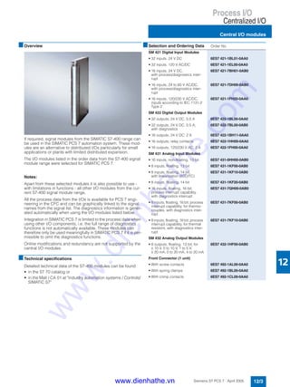 Process I/O
Centralized I/O
Central I/O modules
12/3Siemens ST PCS 7 · April 2005
12
■Overview
If required, signal modules from the SIMATIC S7-400 range can
be used in the SIMATIC PCS 7 automation system. These mod-
ules are an alternative to distributed I/Os particularly for small
applications or plants with limited distributed expansion.
The I/O modules listed in the order data from the S7-400 signal
module range were selected for SIMATIC PCS 7.
Notes:
Apart from these selected modules it is also possible to use -
with limitations in functions - all other I/O modules from the cur-
rent S7-400 signal module range.
All the process data from the I/Os is available for PCS 7 engi-
neering in the CFC and can be graphically linked to the signal
names from the signal list. The diagnostics information is gener-
ated automatically when using the I/O modules listed below.
Integration in SIMATIC PCS 7 is limited to the process data when
using other I/O components, i.e. the full range of diagnostics
functions is not automatically available. These modules can
therefore only be used meaningfully in SIMATIC PCS 7 if it is per-
missible to omit the diagnostics functions.
Online modifications and redundancy are not supported by the
central I/O modules.
■Technical specifications
Detailed technical data of the S7-400 modules can be found
• in the ST 70 catalog or
• in the Mall / CA 01 at "Industry automation systems / Controls/
SIMATIC S7“
■Selection and Ordering Data Order No.
SM 421 Digital Input Modules
• 32 inputs, 24 V DC 6ES7 421-1BL01-0AA0
• 32 inputs, 120 V AC/DC 6ES7 421-1EL00-0AA0
• 16 inputs, 24 V DC,
with process/diagnostics inter-
rupt
6ES7 421-7BH01-0AB0
• 16 inputs, 24 to 60 V AC/DC,
with process/diagnostics inter-
rupt
6ES7 421-7DH00-0AB0
• 16 inputs, 120/230 V AC/DC,
inputs according to IEC 1131-2
Type 2
6ES7 421-1FH20-0AA0
SM 422 Digital Output Modules
• 32 outputs; 24 V DC, 0.5 A 6ES7 422-1BL00-0AA0
• 32 outputs, 24 V DC, 0.5 A;
with diagnostics
6ES7 422-7BL00-0AB0
• 16 outputs, 24 V DC; 2 A 6ES7 422-1BH11-0AA0
• 16 outputs; relay contacts 6ES7 422-1HH00-0AA0
• 16 outputs, 120/230 V AC; 2 A 6ES7 422-1FH00-0AA0
SM 431 Analog Input Modules
• 16 inputs, non-floating, 13 bit 6ES7 431-0HH00-0AB0
• 8 inputs, floating, 13 bit 6ES7 431-1KF00-0AB0
• 8 inputs, floating, 14 bit,
with linearization (RTD/TC)
6ES7 431-1KF10-0AB0
• 8 inputs, floating, 14 bit 6ES7 431-1KF20-0AB0
• 16 inputs, floating, 16 bit;
process interrupt capability,
with diagnostics interrupt
6ES7 431-7QH00-0AB0
• 8 inputs, floating, 16 bit; process
interrupt capability, for thermo-
couples, with diagnostics inter-
rupt
6ES7 431-7KF00-0AB0
• 8 inputs, floating, 16 bit; process
interrupt capability, for thermal
resistors, with diagnostics inter-
rupt
6ES7 431-7KF10-0AB0
SM 432 Analog Output Modules
• 8 outputs, floating, 13 bit; for
± 10 V, 0 to 10 V, 1 to 5 V,
± 20 mA, 0 to 20 mA, 4 to 20 mA
6ES7 432-1HF00-0AB0
Front Connector (1 unit)
• With screw contacts 6ES7 492-1AL00-0AA0
• With spring clamps 6ES7 492-1BL00-0AA0
• With crimp contacts 6ES7 492-1CL00-0AA0
www.dienhathe.vn
www.dienhathe.com
 