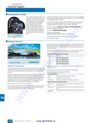 Appendix
Customer Support
14/6 Siemens ST PCS 7 · April 2004
14
■Knowledge Base on CD-ROM
For locations without online con-
nections to the Internet there are
excerpts of the free part of the
information sources available on
CD-ROM (Service & Support
Knowledge Base). This CD-
ROM contains all the latest
product information at the time
of production (FAQs, Down-
loads, Tips and Tricks, Updates)
as well as general information
on Service and Technical Sup-
port.
The CD-ROM also includes a full-text search and our Knowledge
Manager for targeted searches for solutions. The CD-ROM will
be updated every 4 months.
Just the same as our online offer in the Internet, the Service &
Support Knowledge Base on CD comes complete in 5 lan-
guages (German, English, French, Italian, Spanish).
You can order the Service & Support Knowledge Base CD
from your Siemens contact.
Order no. 6ZB5310-0EP30-0BA2
Orders via the Internet
(with Automation Value Card or credit card) at:
http://www.siemens.com/automation/service&support
in the Shop domain.
■Automation Value Card
Small card - great support
The Automation Value Card is an integral component of the com-
prehensive service concept with which Siemens Automation and
Drives will accompany you in each phase of your automation
project.
It doesn't matter whether you want just specific services from our
Technical Support or want to purchase high-quality Support
Tools in our Online Shop, you can always pay with your Automa-
tion Value Card. No invoicing, transparent and safe. With your
personal card number and associated PIN you can view the
state of your account and all transactions at any time.
Services on card. This is how it's done.
Card number and PIN are on the back of the Automation Value
Card. When delivered, the PIN is covered by a scratch field,
guaranteeing that the full credit is on the card.
By entering the card number and PIN you have full access to the
Service & Support services being offered. The charge for the
services procured is debited from the credits on your Automa-
tion Value Card.
All the services offered are marked in currency-neutral credits,
so you can use the Automation Value Card worldwide.
Detailed information on the services offered is available on our
Internet site at:
http://www.siemens.com/automation/service&support
Service & Support à la Card: Examples
Automation Value Card order numbers
Credits Order no.
200 6ES7 997-0BA00-0XA0
500 6ES7 997-0BB00-0XA0
1000 6ES7 997-0BC00-0XA0
10000 6ES7 997-0BG00-0XA0
Technical Support
”Priority“ Priority processing for urgent cases
”24 h“ Availability round the clock
„Extended“ Technical consulting for complex questions
Support Tools in the Support Shop
”System Utili-
ties“
Tools that can be used directly for configuration, anal-
ysis and testing
”Applications“ Complete topic solutions including ready-tested soft-
ware
”Functions &
Samples“
Adaptable blocks for accelerating your developments
www.dienhathe.vn
www.dienhathe.com
 