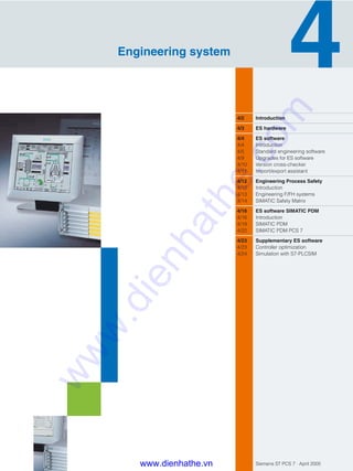 Siemens ST PCS 7 · April 2005
4/2 Introduction
4/3 ES hardware
4/4 ES software
4/4 Introduction
4/5 Standard engineering software
4/9 Upgrades for ES software
4/10 Version cross-checker
4/11 Import/export assistant
4/12 Engineering Process Safety
4/12 Introduction
4/13 Engineering F/FH systems
4/14 SIMATIC Safety Matrix
4/16 ES software SIMATIC PDM
4/16 Introduction
4/19 SIMATIC PDM
4/22 SIMATIC PDM PCS 7
4/23 Supplementary ES software
4/23 Controller optimization
4/24 Simulation with S7-PLCSIM
Engineering system
www.dienhathe.vn
www.dienhathe.com
 
