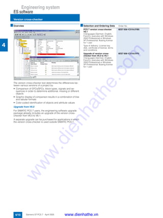 Engineering system
ES software
Version cross-checker
4/10 Siemens ST PCS 7 · April 2005
4
■Overview
The version cross-checker tool determines the differences be-
tween various versions of a project by:
• Comparison of CFCs/SFCs, block types, signals and se-
quences in order to determine additional, missing or different
objects
• Graphic display of comparison results in a combination of tree
and tabular formats
• Color-coded identification of objects and attribute values
Upgrade from V6.0
For SIMATIC PCS 7 users, the engineering software upgrade
package already includes an upgrade of the version cross-
checker from V6.0 to V6.1.
A separate upgrade can be purchased for applications in which
the version cross-checker is used outside SIMATIC PCS 7.
■Selection and Ordering Data Order No.
PCS 7 version cross-checker
V6.1
3 languages (German, English,
French), executes with Windows
2000 Professional or Windows
XP Professional, floating license
for 1 user
Type of delivery: License key
disk, certificate of license, terms
and conditions
6ES7 658-1CX16-2YB5
Upgrade of version cross-
checker from V6.0 to V6.1
3 languages (German, English,
French), executes with Windows
2000 Professional or Windows
XP Professional, floating license
for 1 user
6ES7 658-1CX16-2YF5
www.dienhathe.vn
www.dienhathe.com
 