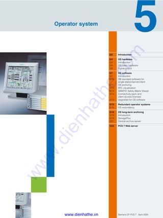Siemens ST PCS 7 · April 2005
5/2 Introduction
5/4 OS hardware
5/4 Introduction
5/5 OS basic hardware
5/6 Signal output
5/7 OS software
5/7 Introduction
5/10 OS standard software for
single station/server/client
5/11 OS archiving
5/12 SFC visualization
5/13 SIMATIC Safety Matrix Viewer
5/14 Connectivity pack and
client access licenses
5/15 Upgrades for OS software
5/16 Redundant operator systems
5/16 OS redundancy
5/18 OS long-term archiving
5/18 Introduction
5/19 StoragePlus
5/21 Central archive server
5/22 PCS 7 Web server
Operator system
www.dienhathe.vn
www.dienhathe.com
 