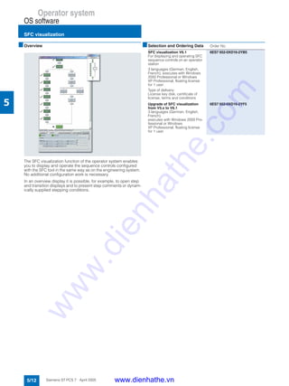 Operator system
OS software
SFC visualization
5/12 Siemens ST PCS 7 · April 2005
5
■Overview
The SFC visualization function of the operator system enables
you to display and operate the sequence controls configured
with the SFC tool in the same way as on the engineering system.
No additional configuration work is necessary.
In an overview display it is possible, for example, to open step
and transition displays and to present step comments or dynam-
ically supplied stepping conditions.
■Selection and Ordering Data Order No.
SFC visualization V6.1
For displaying and operating SFC
sequence controls on an operator
station
3 languages (German, English,
French), executes with Windows
2000 Professional or Windows
XP Professional, floating license
for 1 user
Type of delivery:
License key disk, certificate of
license, terms and conditions
6ES7 652-0XD16-2YB5
Upgrade of SFC visualization
from V5.x to V6.1
3 languages (German, English,
French),
executes with Windows 2000 Pro-
fessional or Windows
XP Professional, floating license
for 1 user
6ES7 652-0XD16-2YF5
www.dienhathe.vn
www.dienhathe.com
 