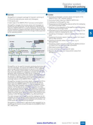 Operator system
OS long-term archiving
StoragePlus
5/19Siemens ST PCS 7 · April 2005
5
■Overview
StoragePlus is a program package for long-term archiving of
• OS archive data (process values and messages),
• OS reports and
• batch data of the SIMATIC PCS 7 process control system.
StoragePlus manages the process values and messages ex-
ported from the OS archives, the OS reports as well as batch
data from SIMATIC BATCH in a central database. All these data
can be visualized in graphic and clear manner using the Internet
Explorer and be swapped out onto the storage media supported
by the operating system.
■Application
StoragePlus can be used for long-term archiving of process val-
ues and messages, OS reports and SIMATIC BATCH data from
up to 4 single stations/servers/pairs of servers of the SIMATIC
PCS 7 V6.1 process control system. For this purpose Storage-
Plus has to be installed on a separate computer with Microsoft
Windows 2000 Professional / 2000 Server or Windows
XP Professional / Server 2003 (see chapter "ES/OS/Batch/IT ba-
sic devices" in Section "System-neutral components") which is
connected by OS-LAN/terminal bus to the OS and batch serv-
ers/single stations of the SIMATIC PCS 7 system.
StoragePlus manages the process values, messages and OS re-
ports which are swapped out of the OS archives, as well as
batch data from SIMATIC BATCH, in a central database and
makes these data available independent of the PCS 7 runtime
systems. All the data can be visualized in graphic and clear
manner using the Internet Explorer. Data selection is supported
by integrated filter functions. Messages and process values can
be shown in table form, and process values also in graphic form.
Tables of process values can be exported in CSV format for pro-
cessing in other Windows applications, e.g. Microsoft Excel.
The data managed by StoragePlus and the cataloging can be
swapped out onto all storage media supported by the operating
system. This may require additional hardware and software, e.g.
a DVD writer with suitable burning software.
StoragePlus is able to read in data which were swapped out us-
ing Storage V5.2 and to convert the data into the SIMATIC PCS 7
V6.1 data format.
■Function
• Archiving of messages, process values and reports of the
SIMATIC PCS 7 V6.1 operator systems
• Archiving of batch data from SIMATIC BATCH V6.1
• Cataloging of all StoragePlus data
• Swapping out of all StoragePlus data as well as the cataloging
onto external storage media
• Reading-in of the swapped-out StoragePlus data and catalog-
ing from external storage media
• Parameterizing of views (display windows and masks) incl. the
selection criteria for displaying the data
• Visualizing of messages in table form dependent on filter func-
tions
• Displaying of process values in table or graphic form depen-
dent on filter functions
• Exporting of process values in CSV format, e.g. to
Microsoft Excel
• Visualizing a batch overview (selecting the detailed protocol
of a batch from the batch overview is possible)
• Web-based presentation of data
• Access protection with user-specific rights
• Migration of messages and measurement values from
Storage V5.2
www.dienhathe.vn
www.dienhathe.com
 