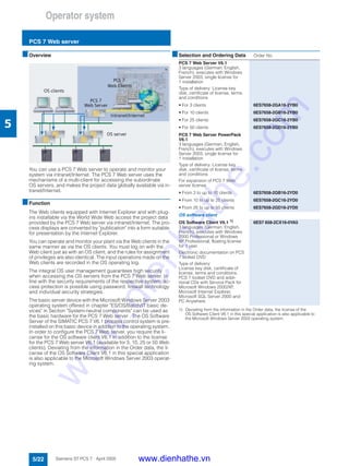Operator system
PCS 7 Web server
5/22 Siemens ST PCS 7 · April 2005
5
■Overview
You can use a PCS 7 Web server to operate and monitor your
system via intranet/Internet. The PCS 7 Web server uses the
mechanisms of a multi-client for accessing the subordinate
OS servers, and makes the project data globally available via in-
tranet/Internet.
■Function
The Web clients equipped with Internet Explorer and with plug-
ins installable via the World Wide Web access the project data
provided by the PCS 7 Web server via intranet/Internet. The pro-
cess displays are converted by "publication" into a form suitable
for presentation by the Internet Explorer.
You can operate and monitor your plant via the Web clients in the
same manner as via the OS clients. You must log on with the
Web client just as with an OS client, and the rules for assignment
of privileges are also identical. The input operations made on the
Web clients are recorded in the OS operating log.
The integral OS user management guarantees high security
when accessing the OS servers from the PCS 7 Web server. In
line with the security requirements of the respective system, ac-
cess protection is possible using password, firewall technology
and individual security strategies.
The basic server device with the Microsoft Windows Server 2003
operating system offered in chapter "ES/OS/Batch/IT basic de-
vices" in Section "System-neutral components" can be used as
the basic hardware for the PCS 7 Web server . The OS Software
Server of the SIMATIC PCS 7 V6.1 process control system is pre-
installed on this basic device in addition to the operating system.
In order to configure the PCS 7 Web server, you require the li-
cense for the OS software client V6.1 in addition to the license
for the PCS 7 Web server V6.1 (available for 3, 10, 25 or 50 Web
clients). Deviating from the information in the Order data, the li-
cense of the OS Software Client V6.1 in this special application
is also applicable to the Microsoft Windows Server 2003 operat-
ing system.
1) Deviating from the information in the Order data, the license of the
OS Software Client V6.1 in this special application is also applicable to
the Microsoft Windows Server 2003 operating system.
■Selection and Ordering Data Order No.
PCS 7 Web Server V6.1
3 languages (German, English,
French), executes with Windows
Server 2003, single license for
1 installation
Type of delivery: License key
disk, certificate of license, terms
and conditions
• For 3 clients 6ES7658-2GA16-2YB0
• For 10 clients 6ES7658-2GB16-2YB0
• For 25 clients 6ES7658-2GC16-2YB0
• For 50 clients 6ES7658-2GD16-2YB0
PCS 7 Web Server PowerPack
V6.1
3 languages (German, English,
French), executes with Windows
Server 2003, single license for
1 installation
Type of delivery: License key
disk, certificate of license, terms
and conditions
For expansion of PCS 7 Web
server license
• From 3 to up to 10 clients 6ES7658-2GB16-2YD0
• From 10 to up to 25 clients 6ES7658-2GC16-2YD0
• From 25 to up to 50 clients 6ES7658-2GD16-2YD0
OS software client
OS Software Client V6.1 1)
3 languages (German, English,
French), executes with Windows
2000 Professional or Windows
XP Professional, floating license
for 1 user
Electronic documentation on PCS
7 toolset DVD
Type of delivery:
License key disk, certificate of
license, terms and conditions,
PCS 7 toolset DVD and addi-
tional CDs with Service Pack for
Microsoft Windows 2000/XP,
Microsoft Internet Explorer,
Microsoft SQL Server 2000 and
PC Anywhere
6ES7 658-2CX16-0YA5
www.dienhathe.vn
www.dienhathe.com
 