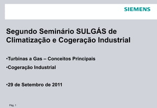 Segundo Seminário SULGÁS de
Climatização e Cogeração Industrial

•Turbinas a Gas – Conceitos Principais
•Cogeração Industrial


•29 de Setembro de 2011



 Pág. 1
 