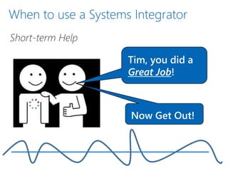 When to use a Systems Integrator
Short-term Help
Tim, you did a
Great Job!
Now Get Out!
 