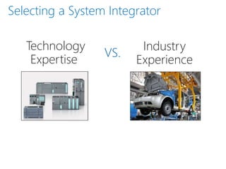 Selecting a System Integrator
Technology
Expertise
Industry
Experience
VS.
 