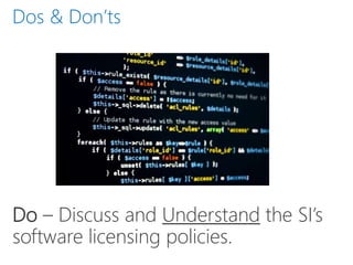 Do – Discuss and Understand the SI’s
software licensing policies.
Dos & Don’ts
 