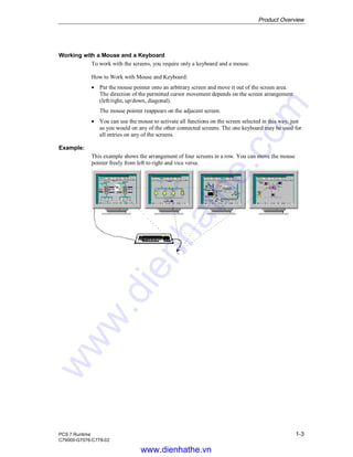 Product Overview
PCS 7 Runtime 1-3
C79000-G7076-C778-02
Working with a Mouse and a Keyboard
To work with the screens, you require only a keyboard and a mouse.
How to Work with Mouse and Keyboard:
• Put the mouse pointer onto an arbitrary screen and move it out of the screen area.
The direction of the permitted cursor movement depends on the screen arrangement
(left/right, up/down, diagonal).
The mouse pointer reappears on the adjacent screen.
• You can use the mouse to activate all functions on the screen selected in this way, just
as you would on any of the other connected screens. The one keyboard may be used for
all entries on any of the screens.
Example:
This example shows the arrangement of four screens in a row. You can move the mouse
pointer freely from left to right and vice versa.
www.dienhathe.vn
www.dienhathe.com
 