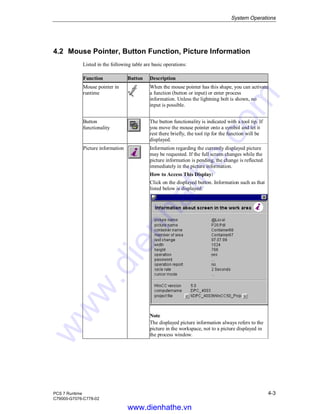 System Operations
PCS 7 Runtime 4-3
C79000-G7076-C778-02
4.2 Mouse Pointer, Button Function, Picture Information
Listed in the following table are basic operations:
Function Button Description
Mouse pointer in
runtime
When the mouse pointer has this shape, you can activate
a function (button or input) or enter process
information. Unless the lightning bolt is shown, no
input is possible.
Button
functionality
The button functionality is indicated with a tool tip. If
you move the mouse pointer onto a symbol and let it
rest there briefly, the tool tip for the function will be
displayed.
Picture information Information regarding the currently displayed picture
may be requested. If the full screen changes while the
picture information is pending, the change is reflected
immediately in the picture information.
How to Access This Display:
Click on the displayed button. Information such as that
listed below is displayed:
Note
The displayed picture information always refers to the
picture in the workspace, not to a picture displayed in
the process window.
www.dienhathe.vn
www.dienhathe.com
 