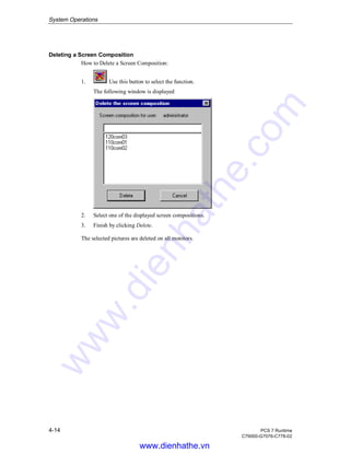System Operations
4-14 PCS 7 Runtime
C79000-G7076-C778-02
Deleting a Screen Composition
How to Delete a Screen Composition:
1. Use this button to select the function.
The following window is displayed
2. Select one of the displayed screen compositions.
3. Finish by clicking Delete.
The selected pictures are deleted on all monitors.
www.dienhathe.vn
www.dienhathe.com
 